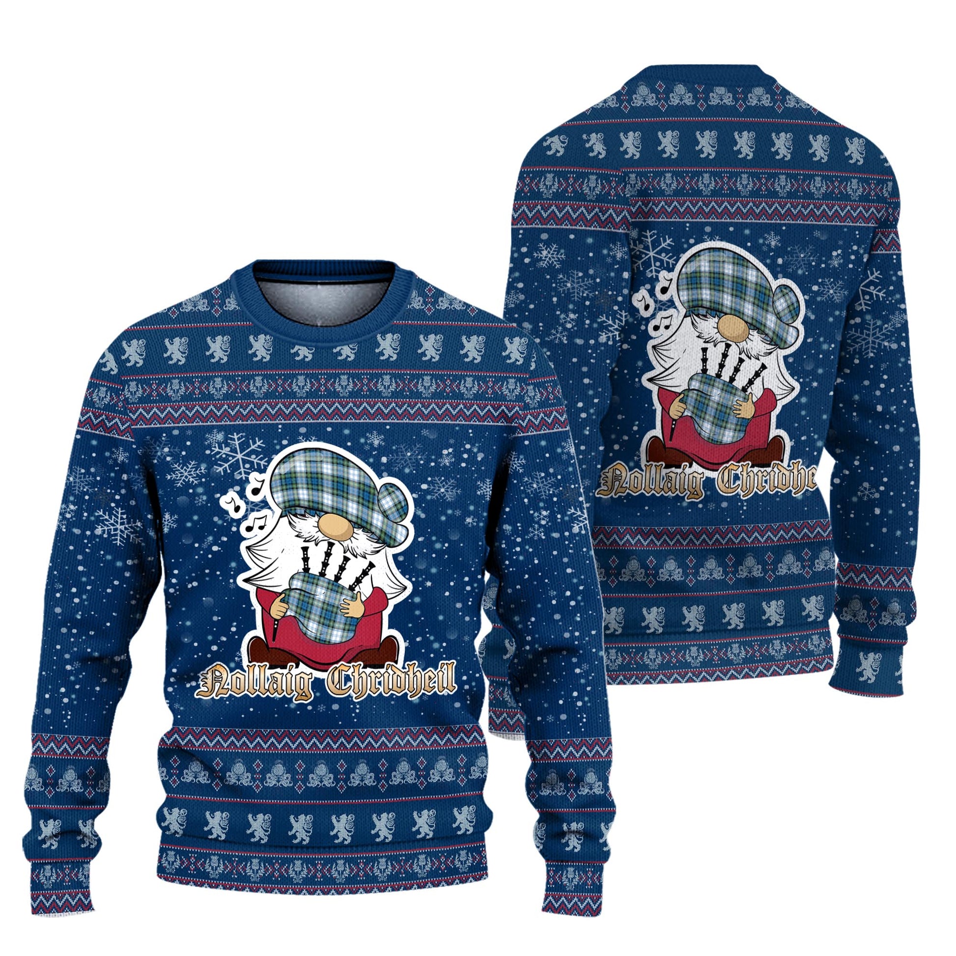 Campbell Dress Ancient Clan Christmas Family Knitted Sweater with Funny Gnome Playing Bagpipes Unisex Blue - Tartanvibesclothing