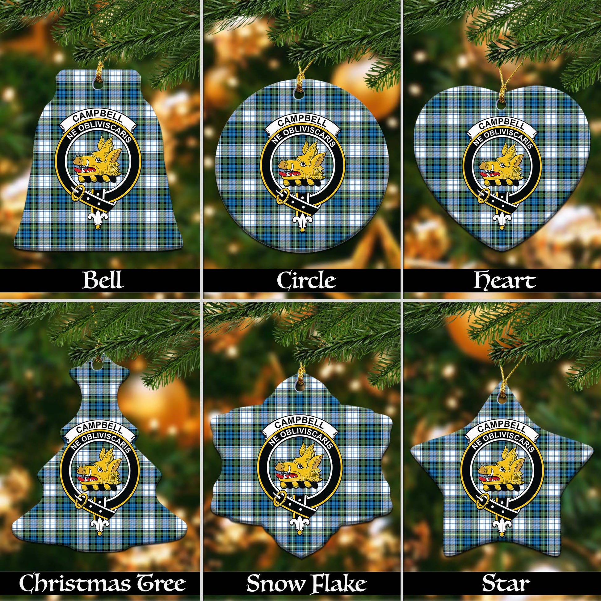 Campbell Dress Ancient Tartan Christmas Ornaments with Family Crest Ceramic Bell Pack 1: ornament * 1 piece - Tartanvibesclothing