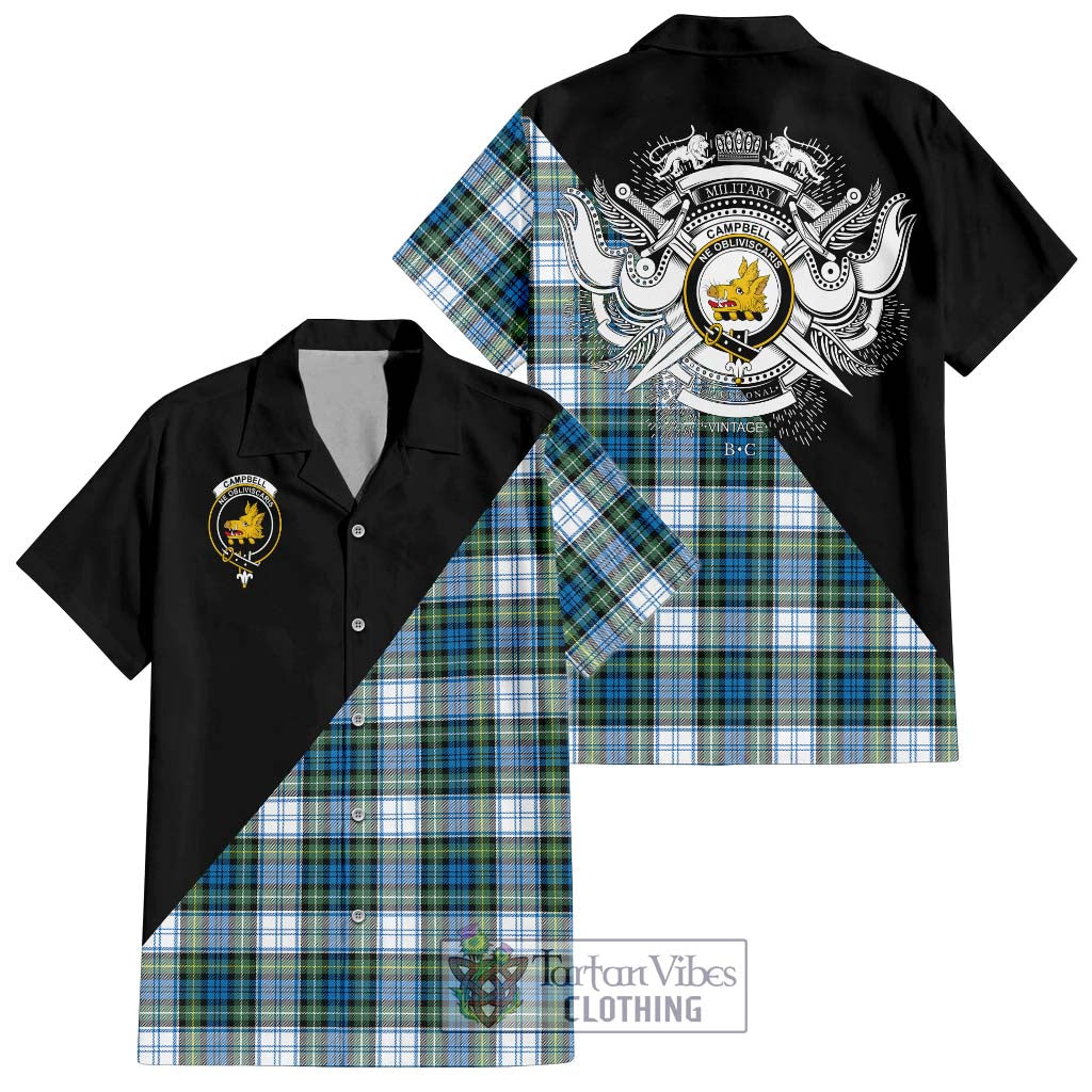 Tartan Vibes Clothing Campbell Dress Ancient Tartan Short Sleeve Button Shirt with Family Crest and Military Logo Style