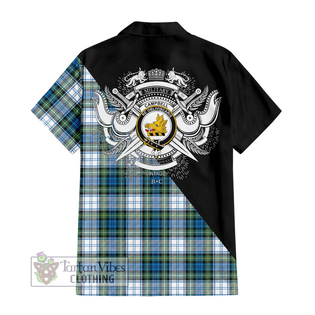 Tartan Vibes Clothing Campbell Dress Ancient Tartan Short Sleeve Button Shirt with Family Crest and Military Logo Style