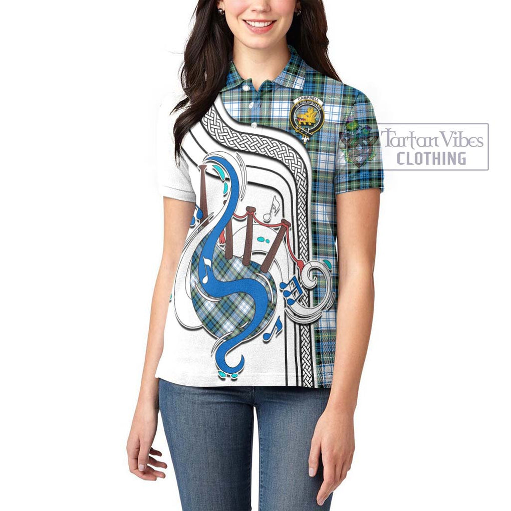 Campbell Dress Ancient Tartan Women's Polo Shirt with Epic Bagpipe Style - Tartanvibesclothing Shop