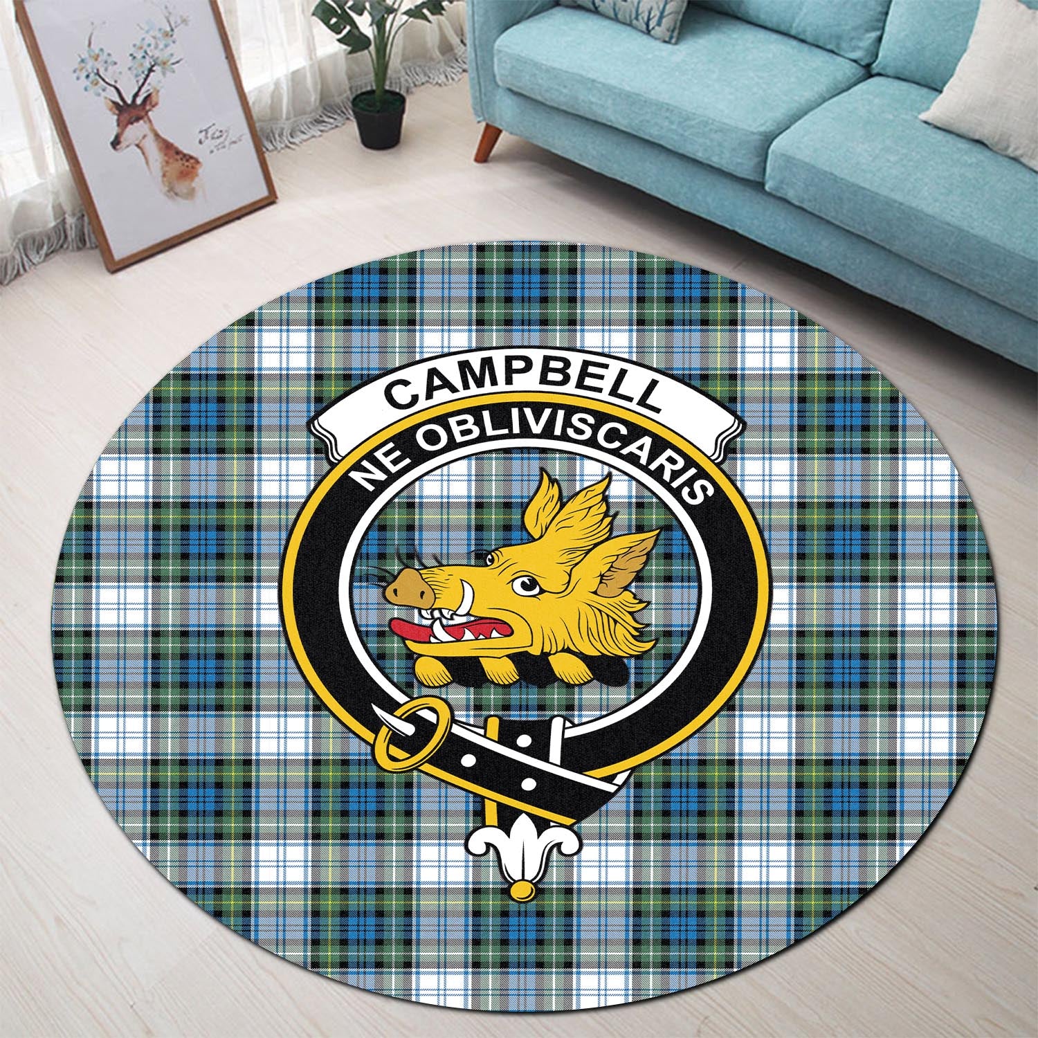 Campbell Dress Ancient Tartan Round Rug with Family Crest - Tartanvibesclothing