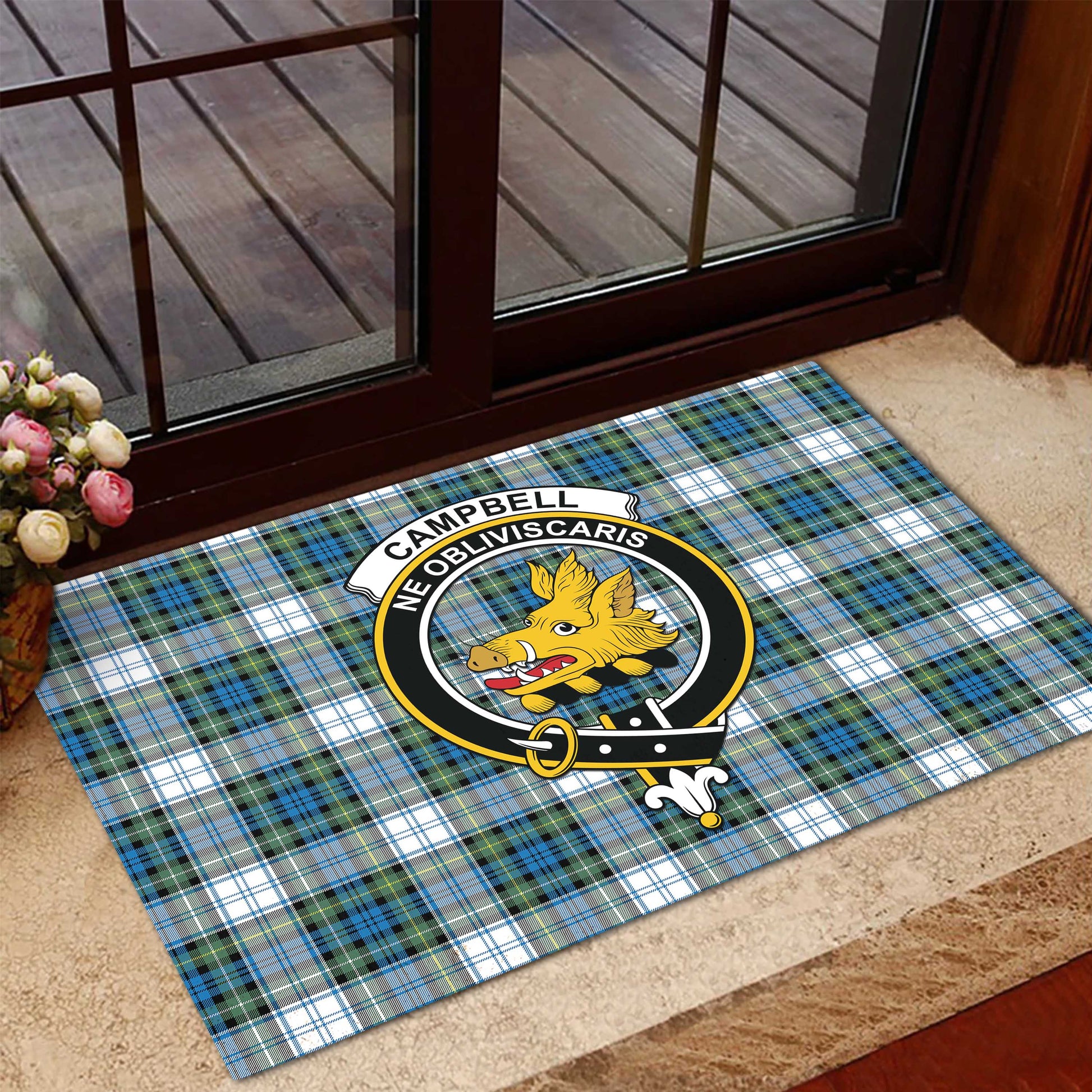 Campbell Dress Ancient Tartan Door Mat with Family Crest - Tartanvibesclothing