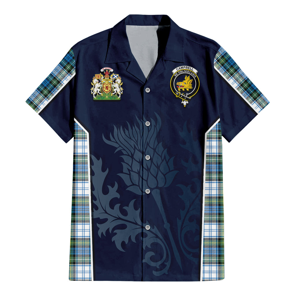 Tartan Vibes Clothing Campbell Dress Ancient Tartan Short Sleeve Button Up Shirt with Family Crest and Scottish Thistle Vibes Sport Style