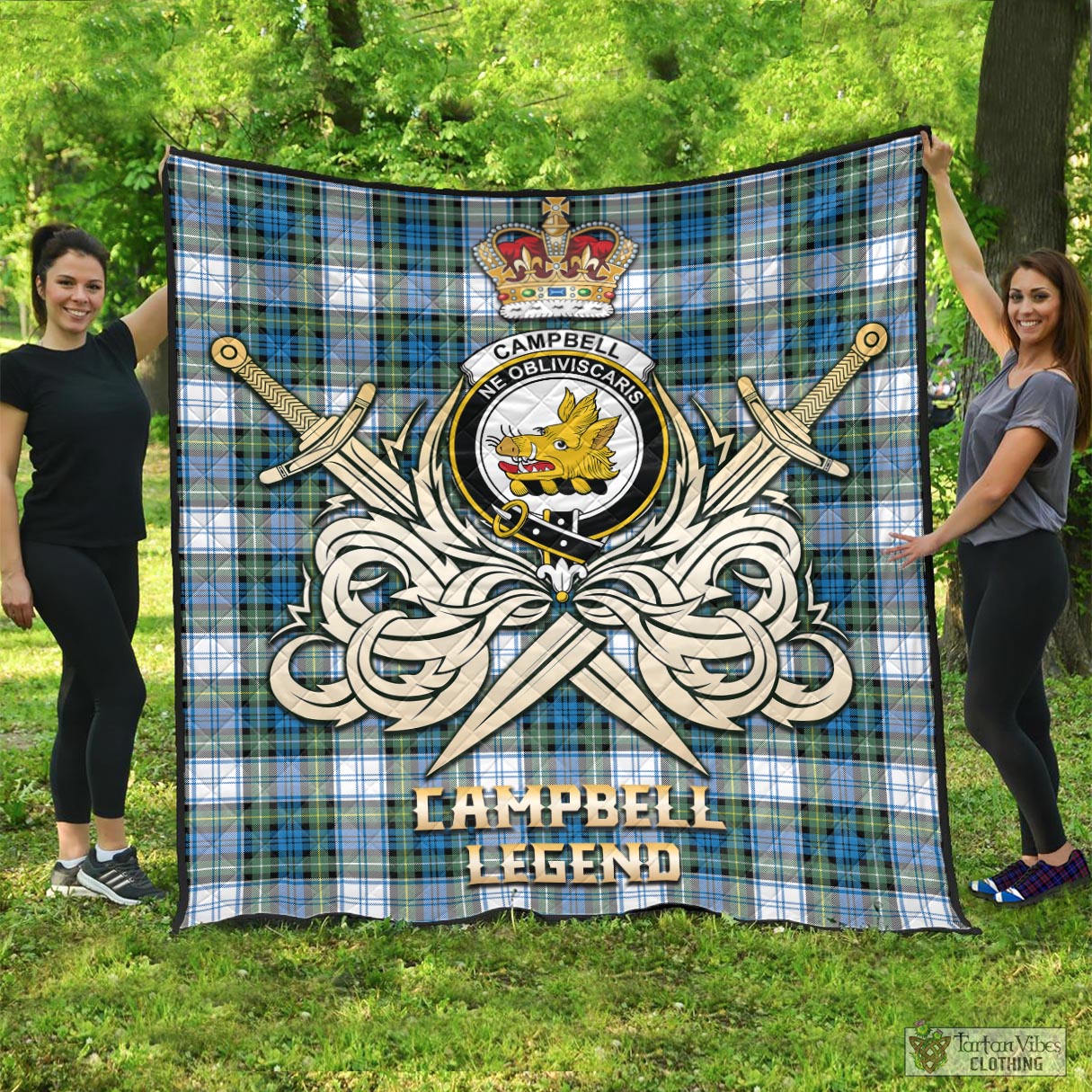 Tartan Vibes Clothing Campbell Dress Ancient Tartan Quilt with Clan Crest and the Golden Sword of Courageous Legacy