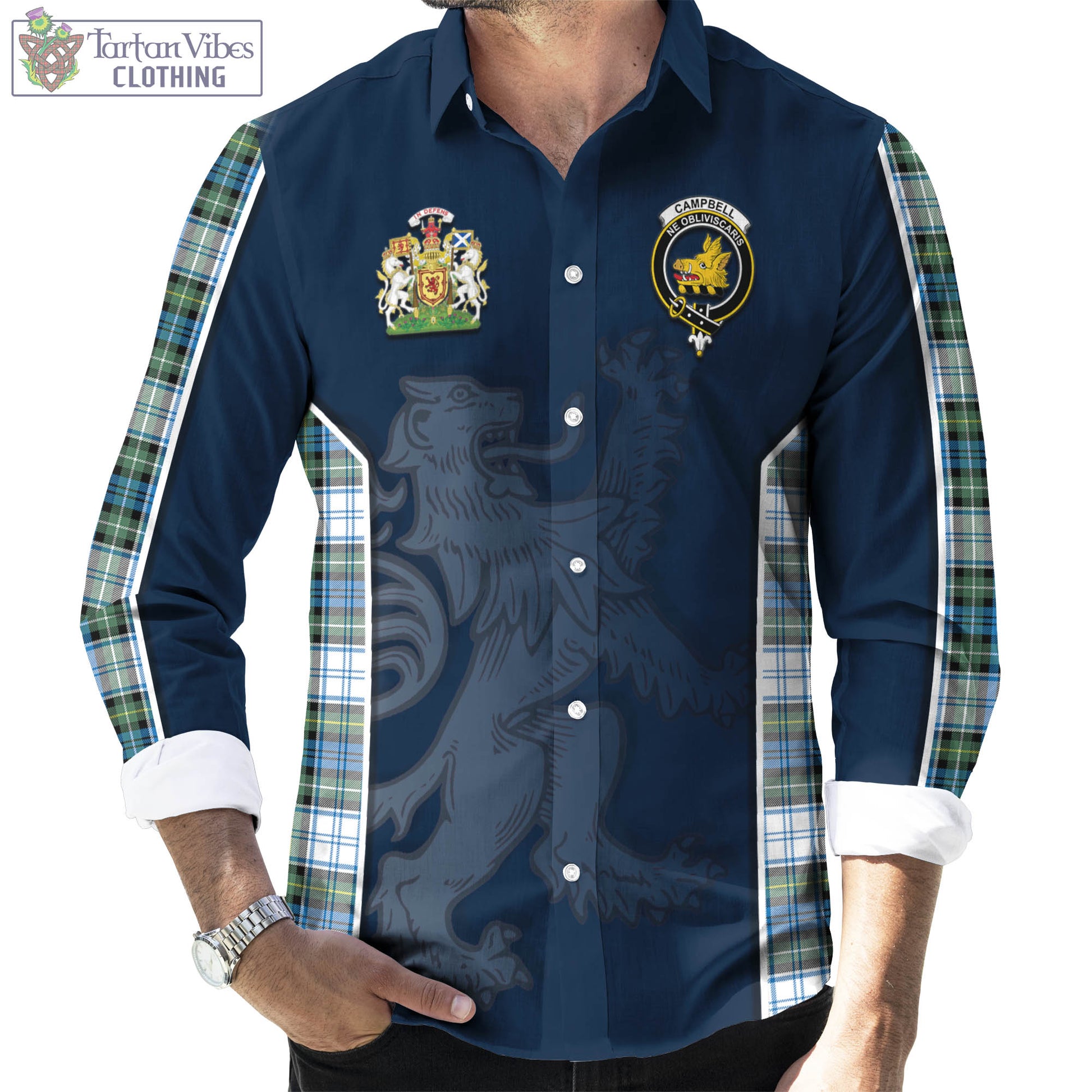 Tartan Vibes Clothing Campbell Dress Ancient Tartan Long Sleeve Button Up Shirt with Family Crest and Lion Rampant Vibes Sport Style