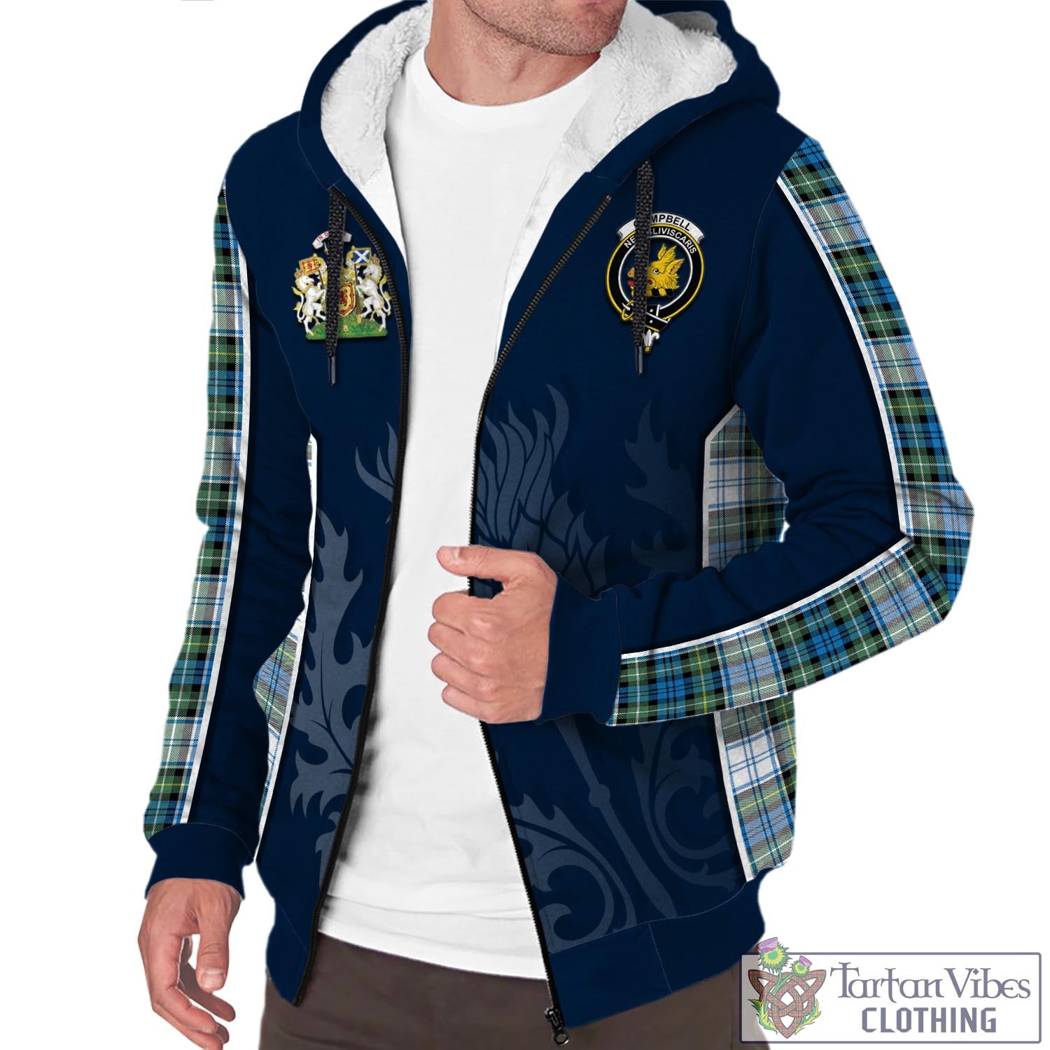 Tartan Vibes Clothing Campbell Dress Ancient Tartan Sherpa Hoodie with Family Crest and Scottish Thistle Vibes Sport Style