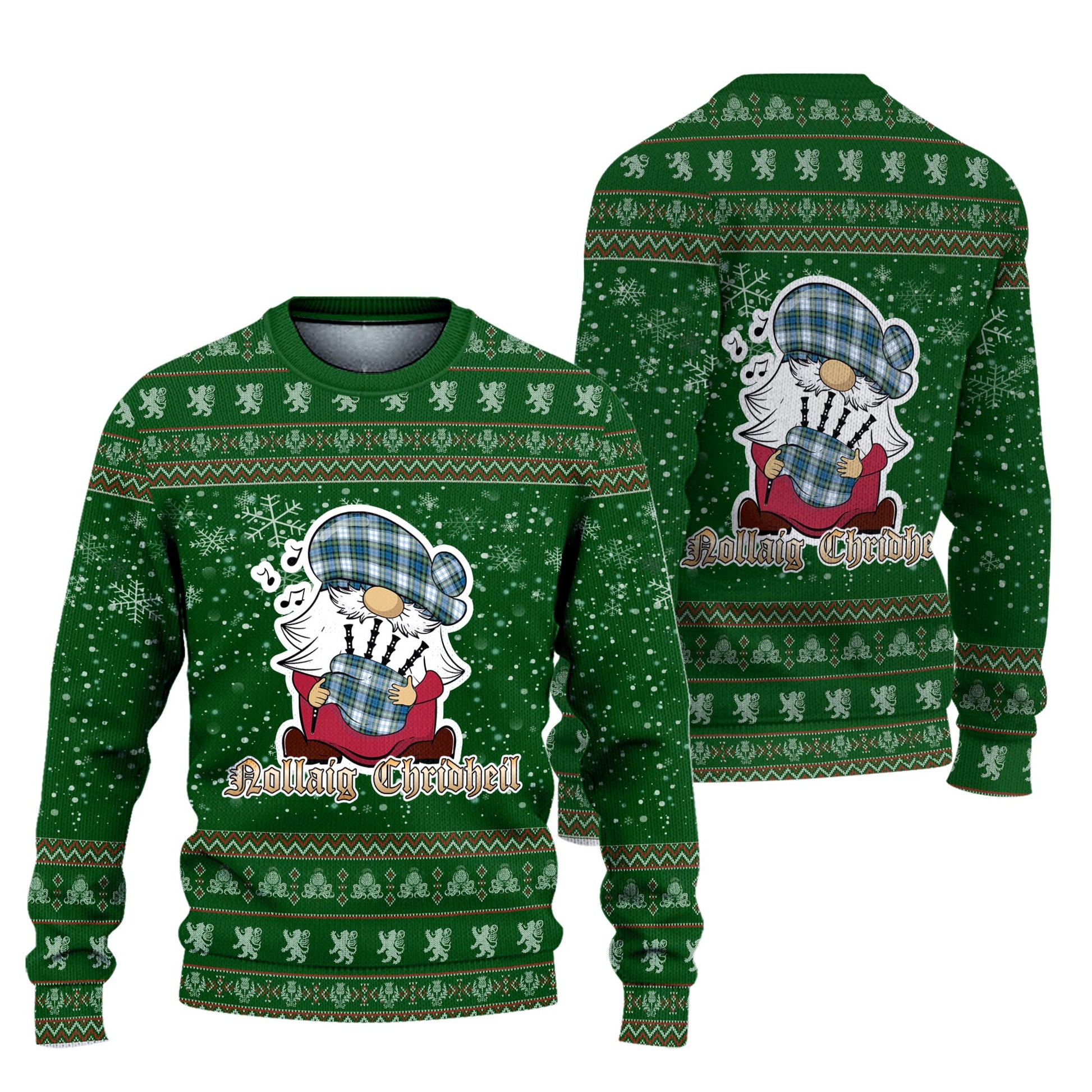 Campbell Dress Ancient Clan Christmas Family Knitted Sweater with Funny Gnome Playing Bagpipes Unisex Green - Tartanvibesclothing