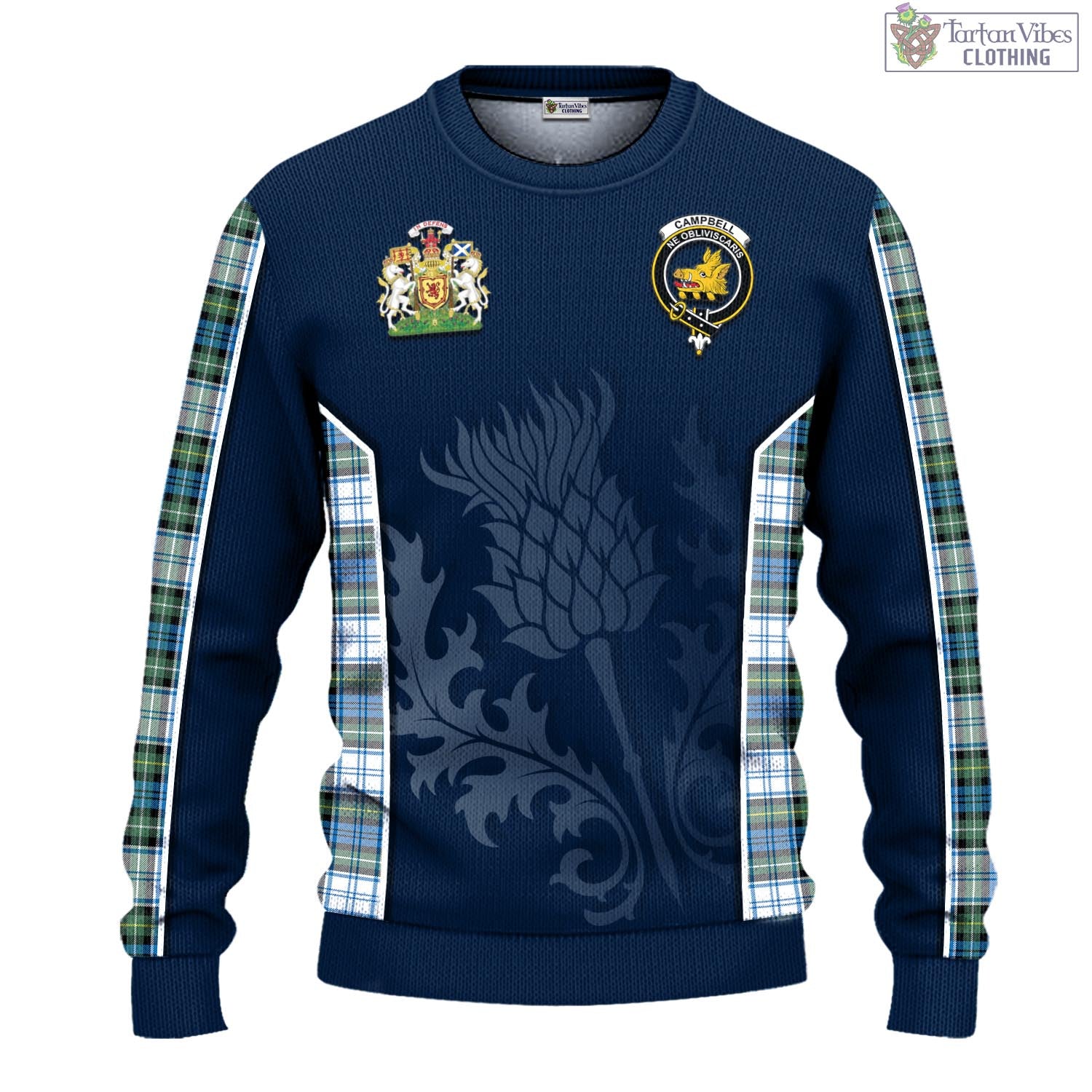 Tartan Vibes Clothing Campbell Dress Ancient Tartan Knitted Sweatshirt with Family Crest and Scottish Thistle Vibes Sport Style