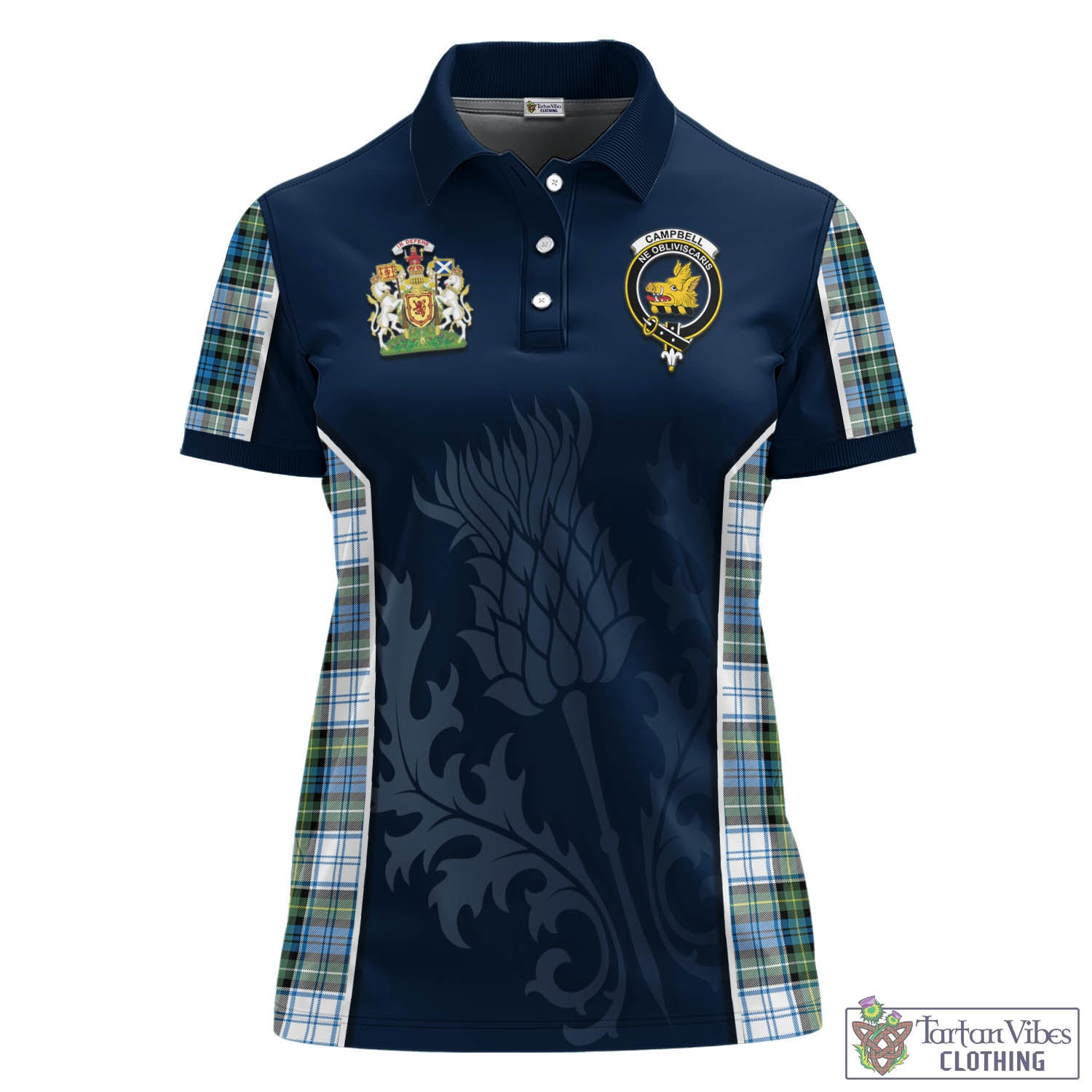 Tartan Vibes Clothing Campbell Dress Ancient Tartan Women's Polo Shirt with Family Crest and Scottish Thistle Vibes Sport Style