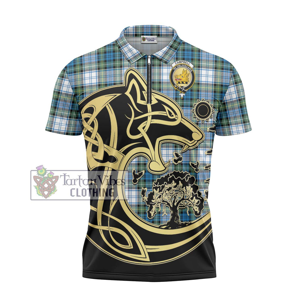 Campbell Dress Ancient Tartan Zipper Polo Shirt with Family Crest Celtic Wolf Style - Tartanvibesclothing Shop