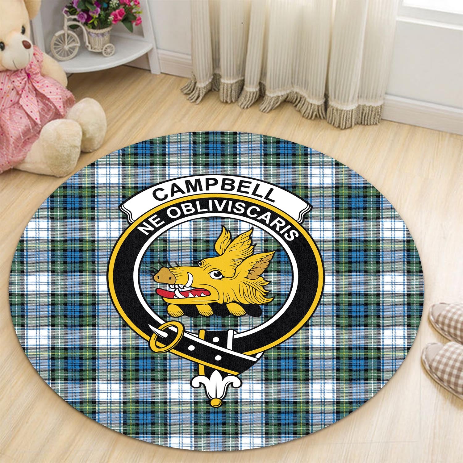 Campbell Dress Ancient Tartan Round Rug with Family Crest - Tartanvibesclothing