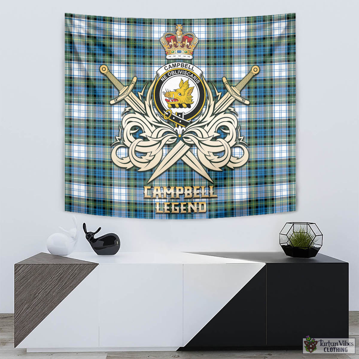 Tartan Vibes Clothing Campbell Dress Ancient Tartan Tapestry with Clan Crest and the Golden Sword of Courageous Legacy