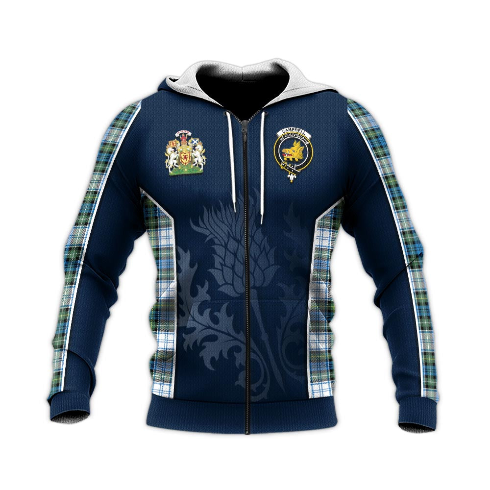 Tartan Vibes Clothing Campbell Dress Ancient Tartan Knitted Hoodie with Family Crest and Scottish Thistle Vibes Sport Style