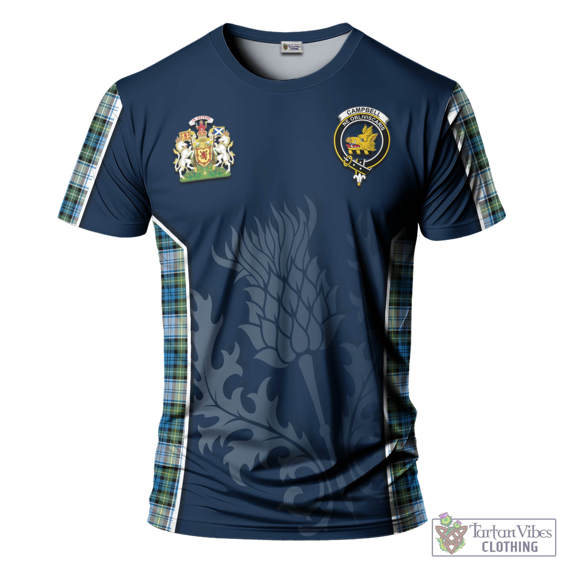 Tartan Vibes Clothing Campbell Dress Ancient Tartan T-Shirt with Family Crest and Scottish Thistle Vibes Sport Style