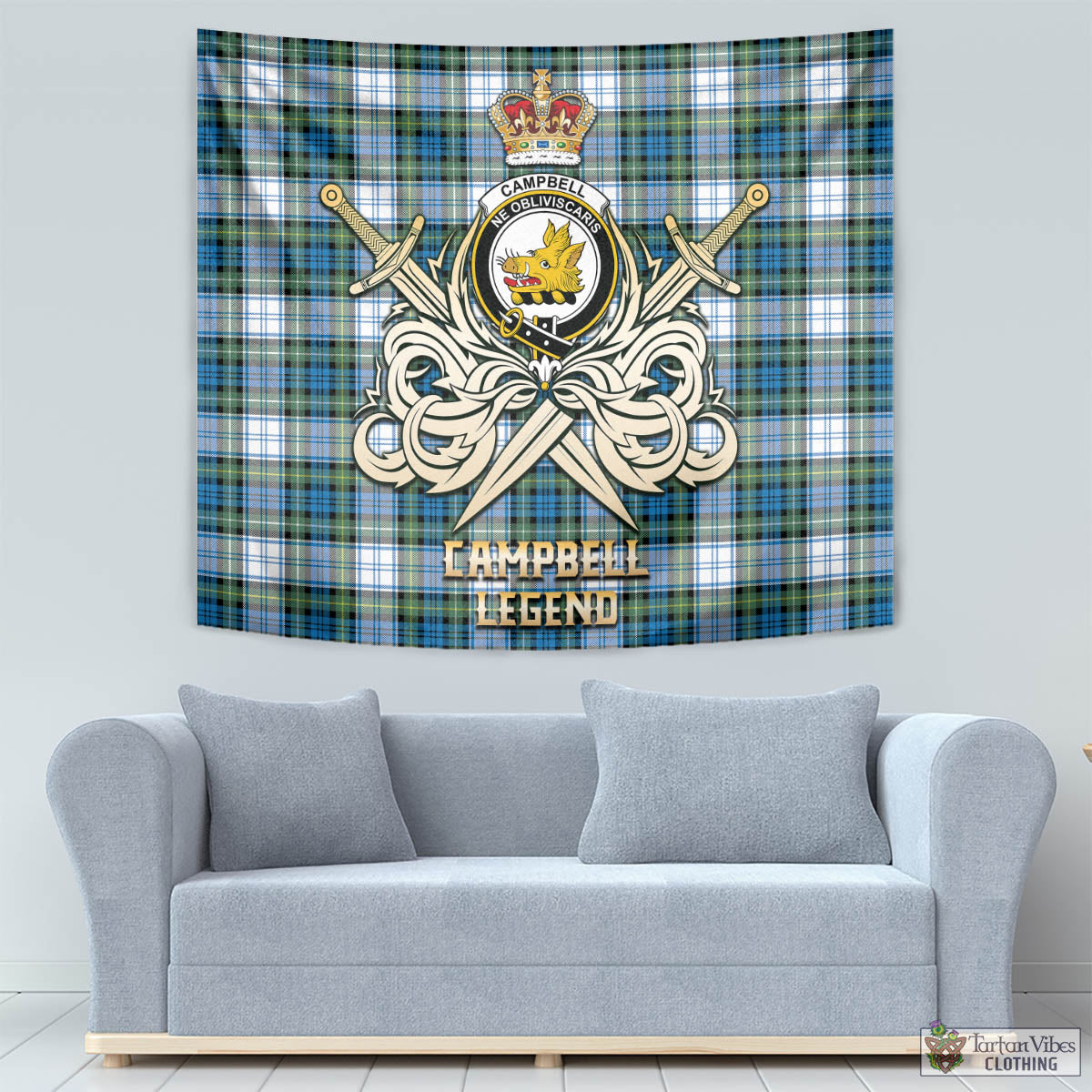 Tartan Vibes Clothing Campbell Dress Ancient Tartan Tapestry with Clan Crest and the Golden Sword of Courageous Legacy