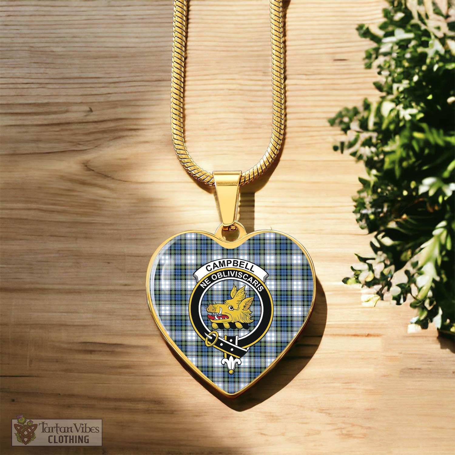 Tartan Vibes Clothing Campbell Dress Ancient Tartan Heart Necklace with Family Crest