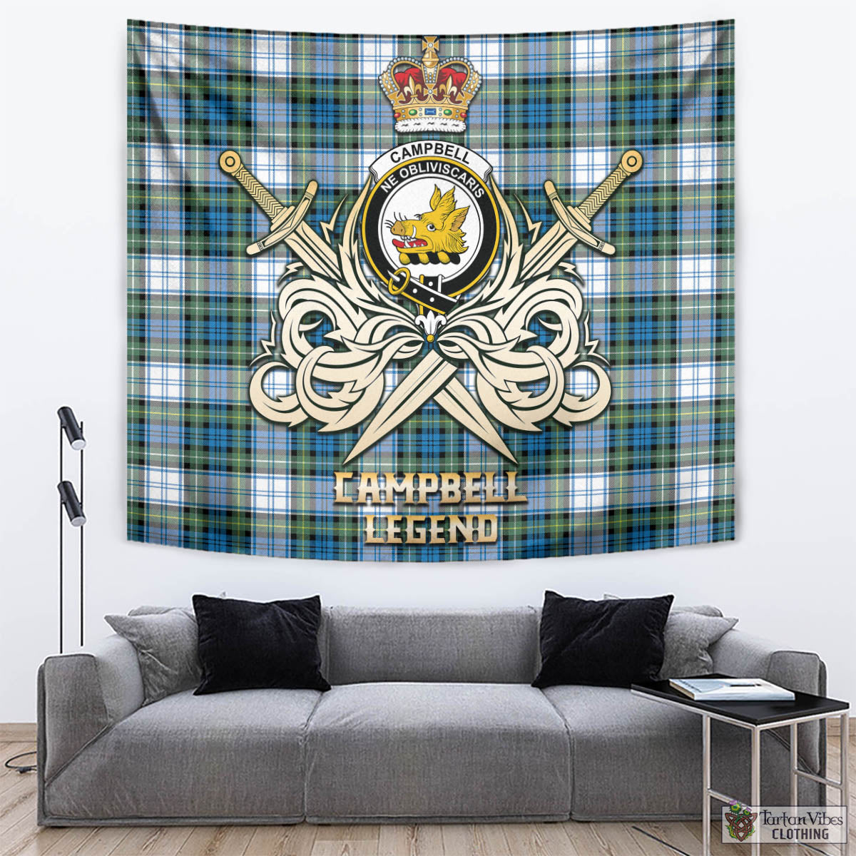 Tartan Vibes Clothing Campbell Dress Ancient Tartan Tapestry with Clan Crest and the Golden Sword of Courageous Legacy