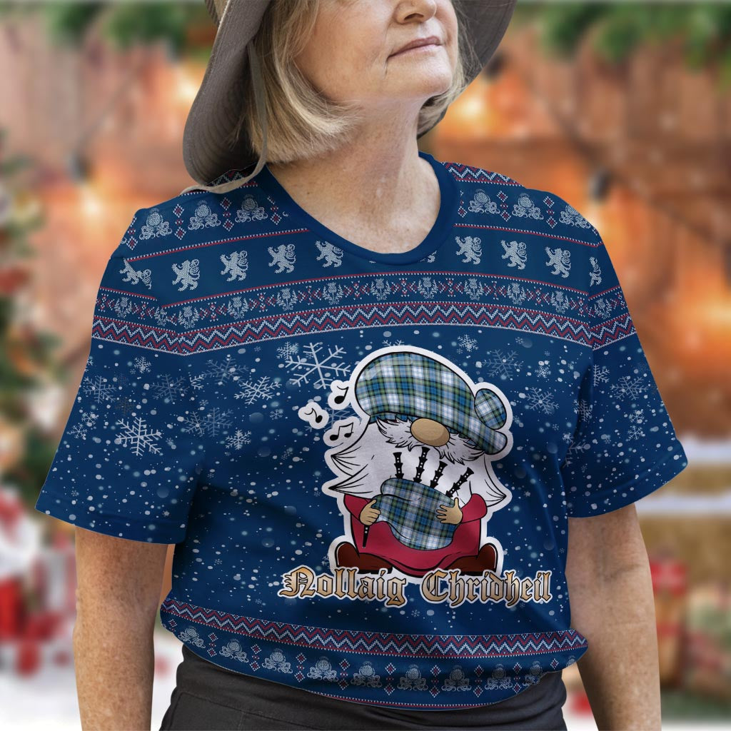 Campbell Dress Ancient Clan Christmas Family T-Shirt with Funny Gnome Playing Bagpipes Women's Shirt Blue - Tartanvibesclothing