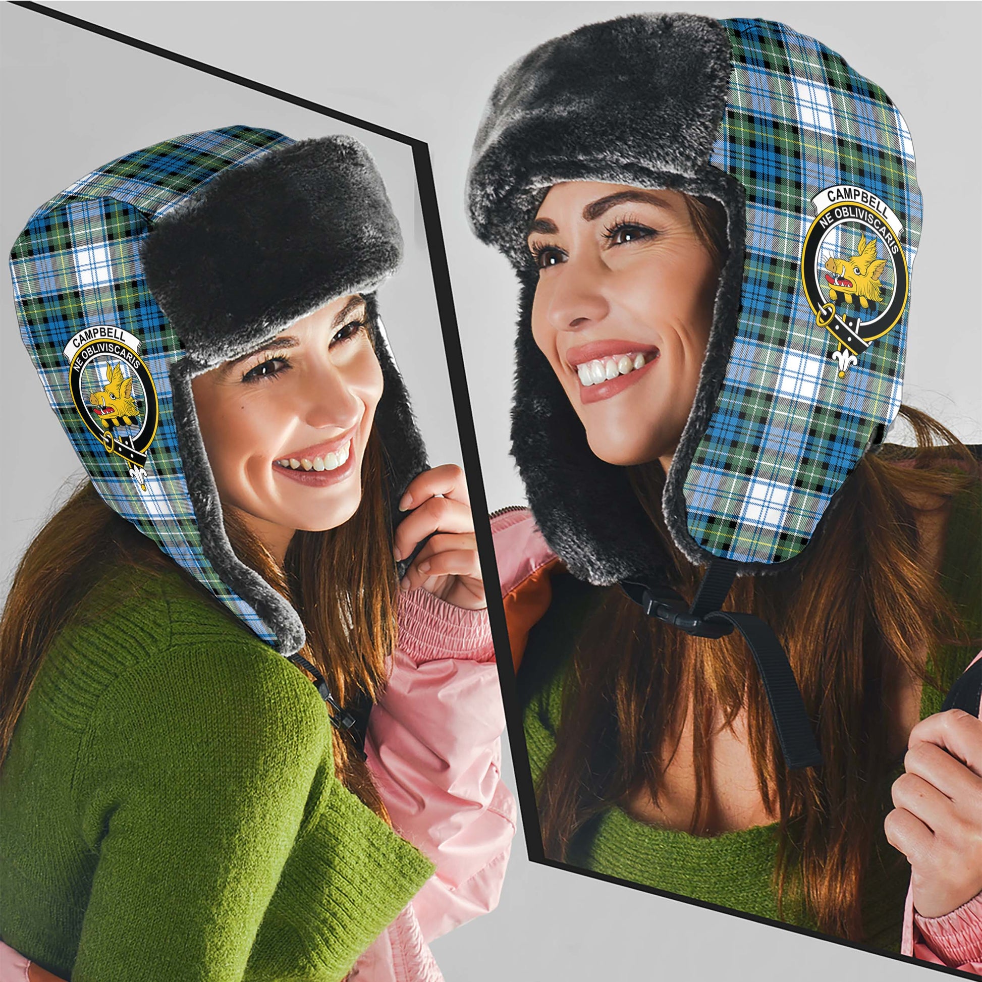 Campbell Dress Ancient Tartan Winter Trapper Hat with Family Crest - Tartanvibesclothing