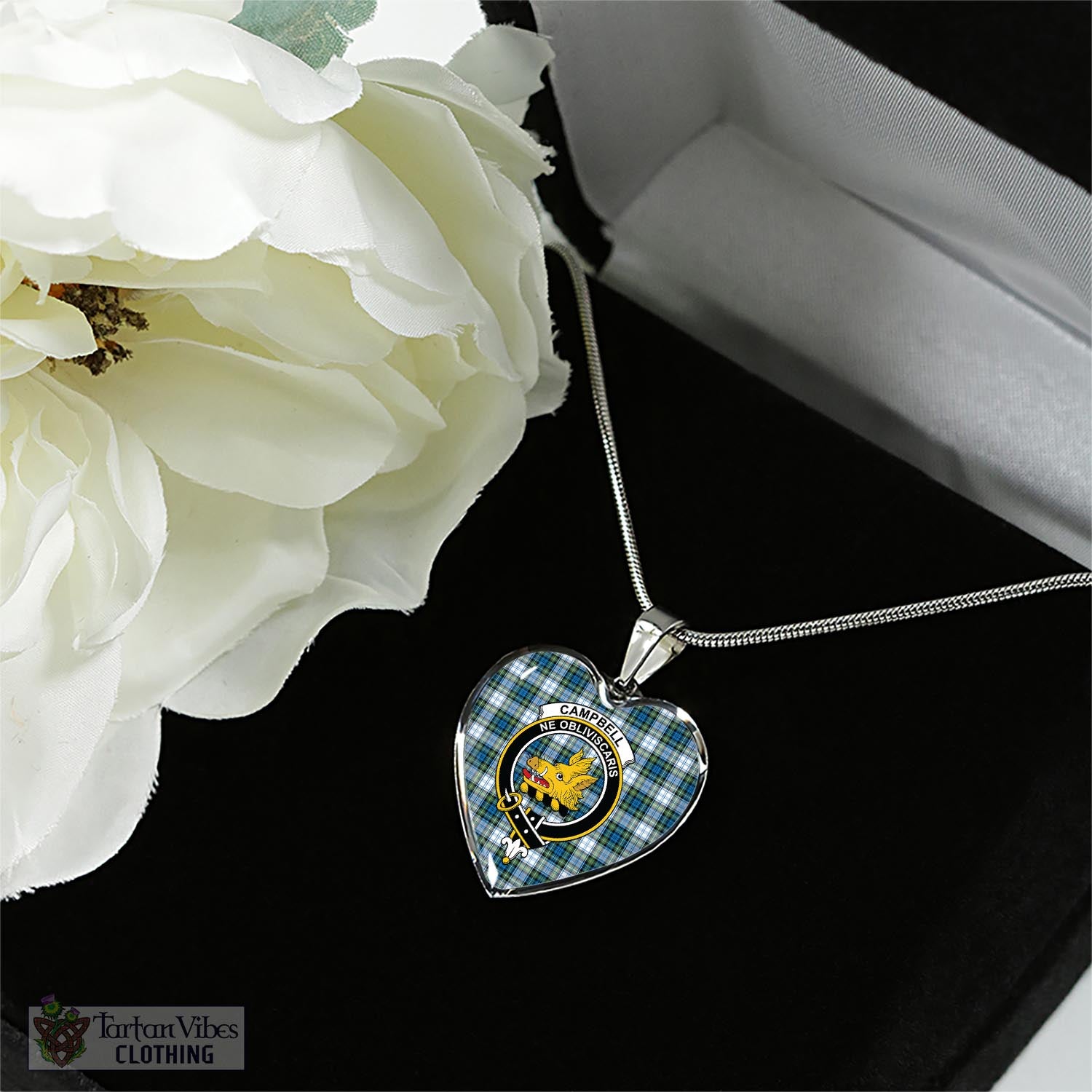 Tartan Vibes Clothing Campbell Dress Ancient Tartan Heart Necklace with Family Crest