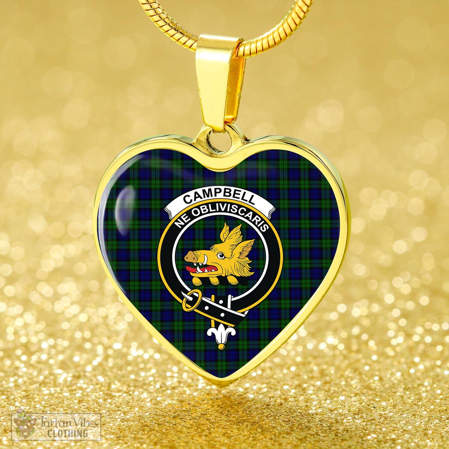 Tartan Vibes Clothing Campbell Modern Tartan Heart Necklace with Family Crest