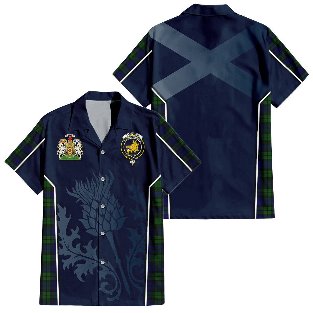 Tartan Vibes Clothing Campbell Modern Tartan Short Sleeve Button Up Shirt with Family Crest and Scottish Thistle Vibes Sport Style