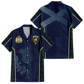 Campbell Tartan Short Sleeve Button Up Shirt with Family Crest and Scottish Thistle Vibes Sport Style