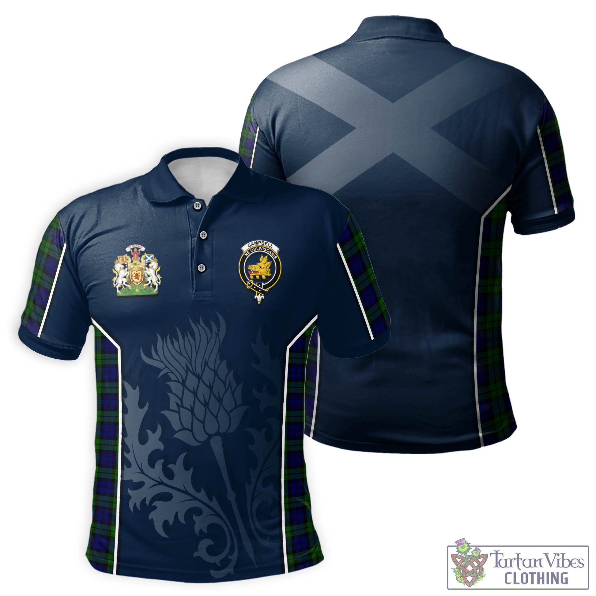 Tartan Vibes Clothing Campbell Modern Tartan Men's Polo Shirt with Family Crest and Scottish Thistle Vibes Sport Style