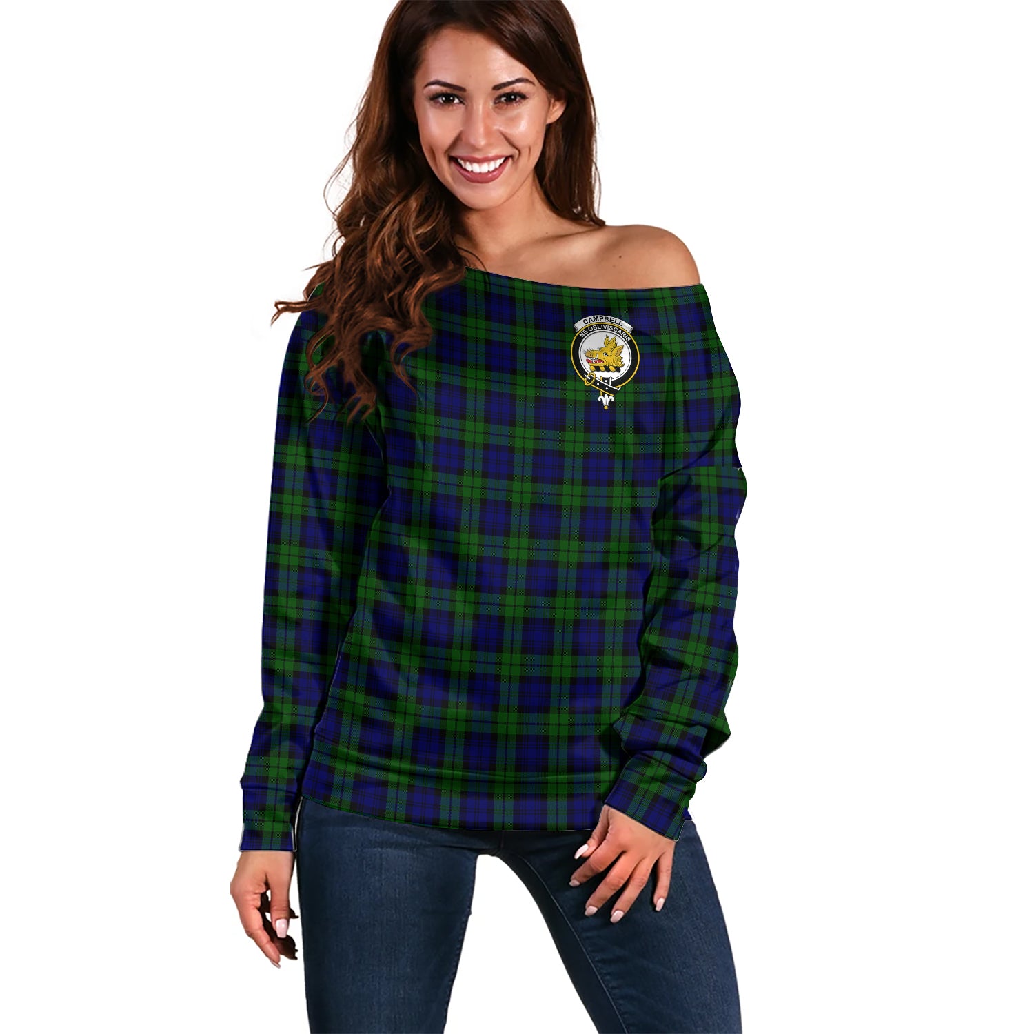 Campbell Modern Tartan Off Shoulder Women Sweater with Family Crest Women - Tartanvibesclothing