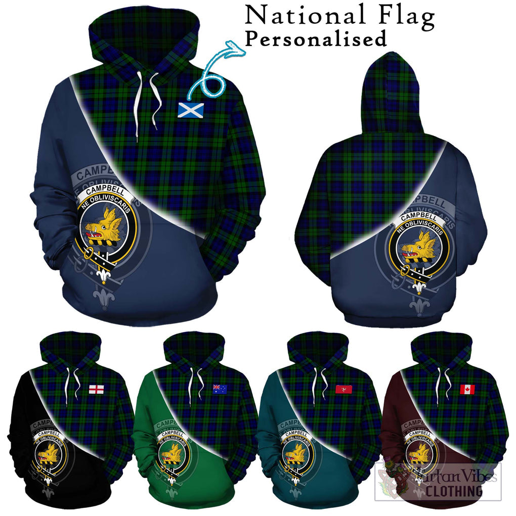 Campbell Tartan Hoodie with Personalised National Flag and Family Crest Half Style Zip Hoodie - Tartanvibesclothing Shop