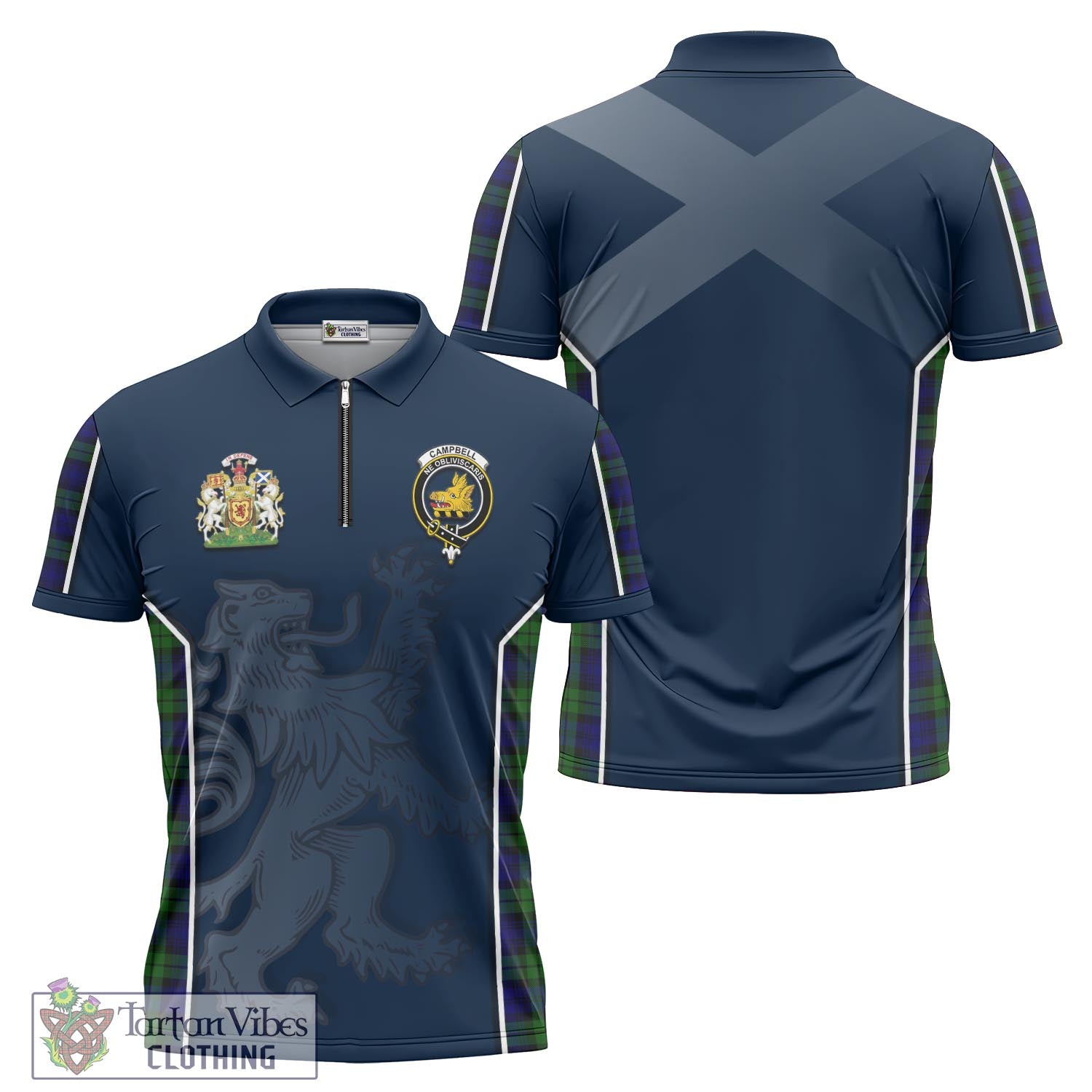 Tartan Vibes Clothing Campbell Modern Tartan Zipper Polo Shirt with Family Crest and Lion Rampant Vibes Sport Style