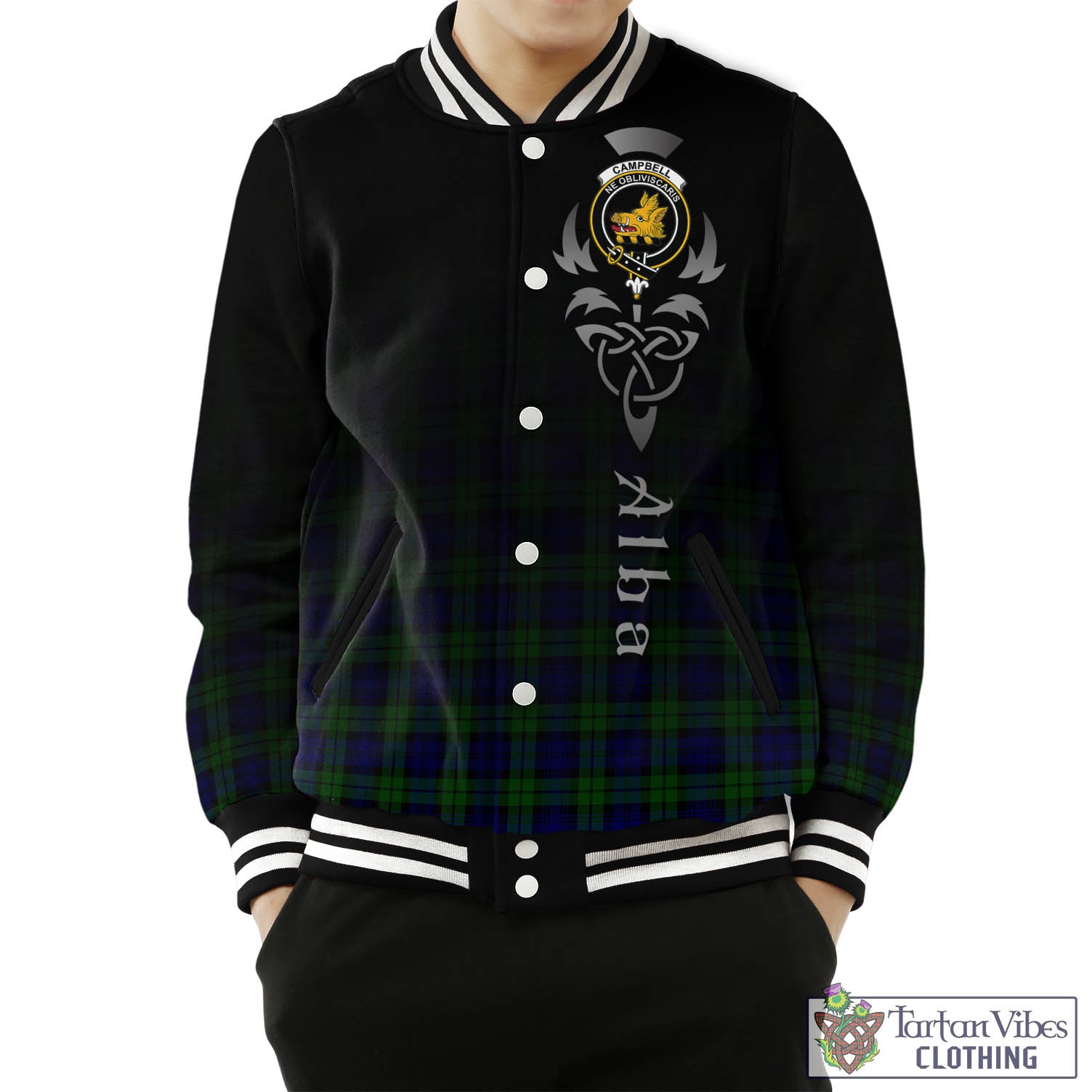 Tartan Vibes Clothing Campbell Modern Tartan Baseball Jacket Featuring Alba Gu Brath Family Crest Celtic Inspired