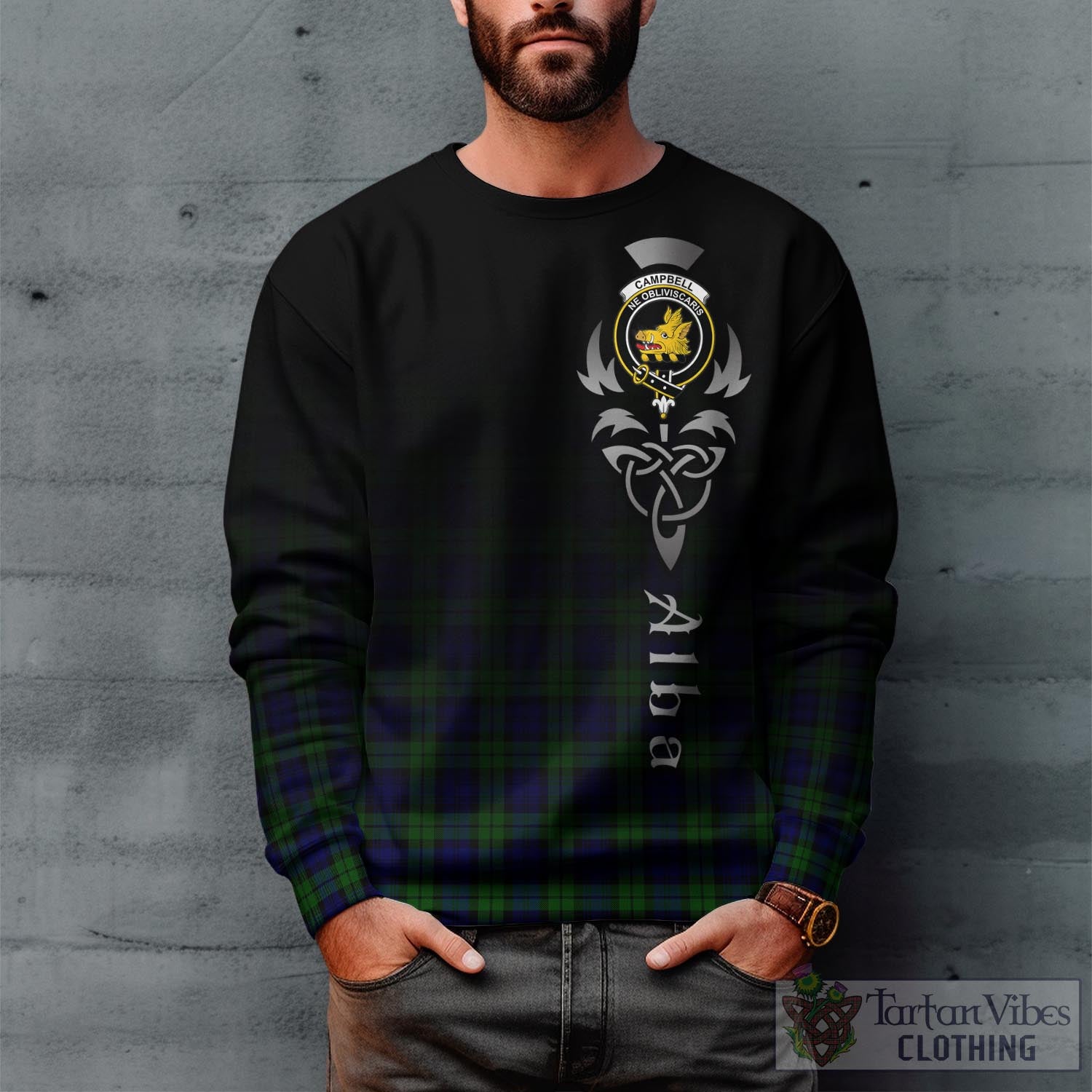 Tartan Vibes Clothing Campbell Modern Tartan Sweatshirt Featuring Alba Gu Brath Family Crest Celtic Inspired