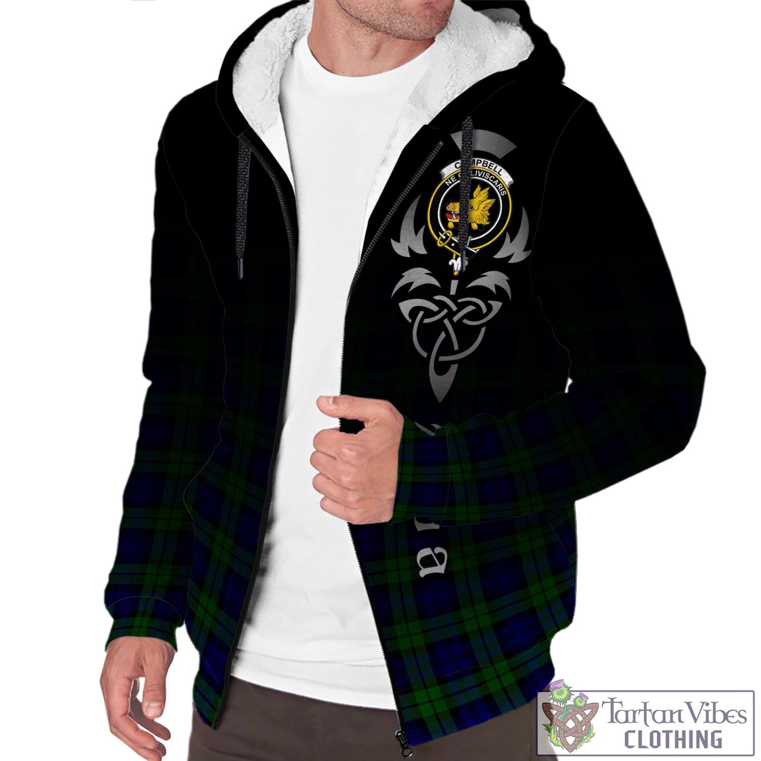 Tartan Vibes Clothing Campbell Modern Tartan Sherpa Hoodie Featuring Alba Gu Brath Family Crest Celtic Inspired