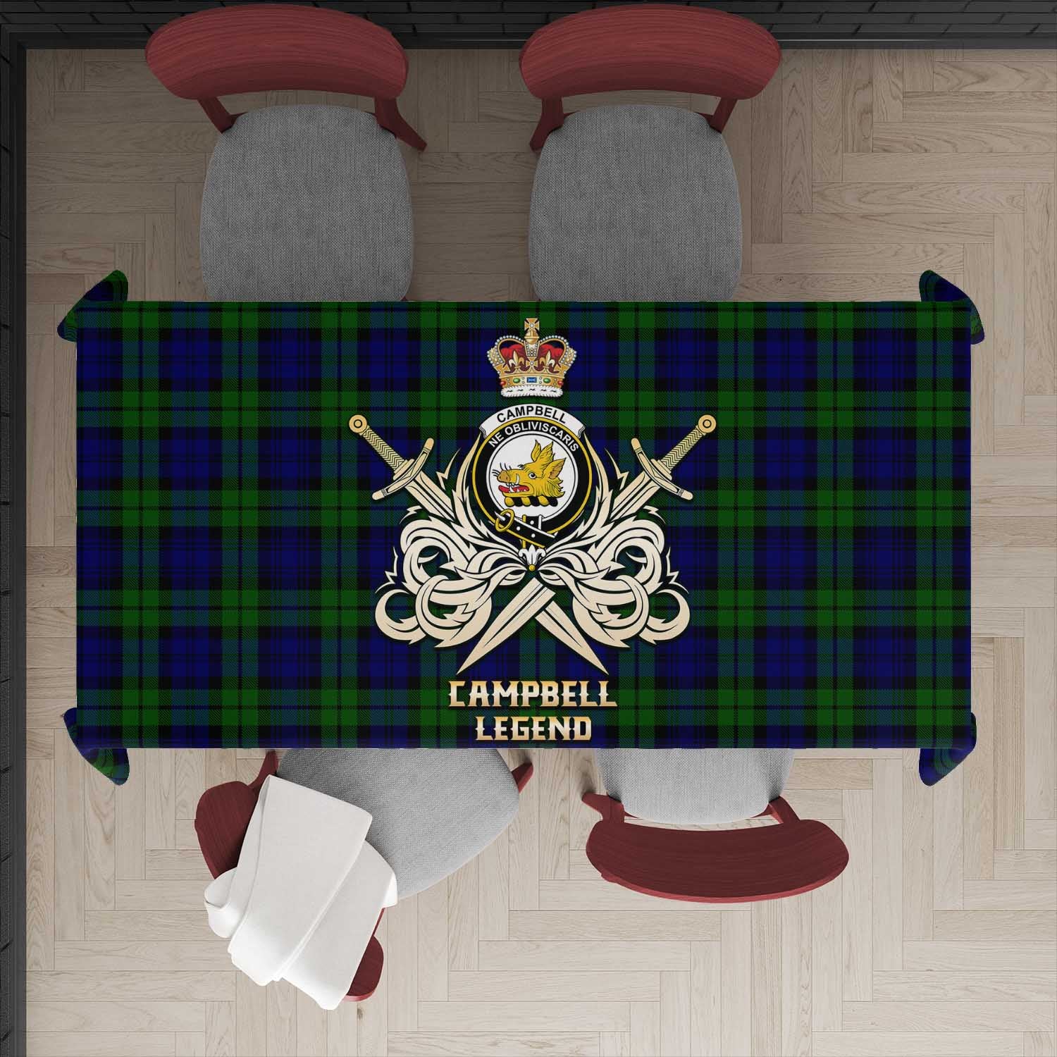 Tartan Vibes Clothing Campbell Modern Tartan Tablecloth with Clan Crest and the Golden Sword of Courageous Legacy