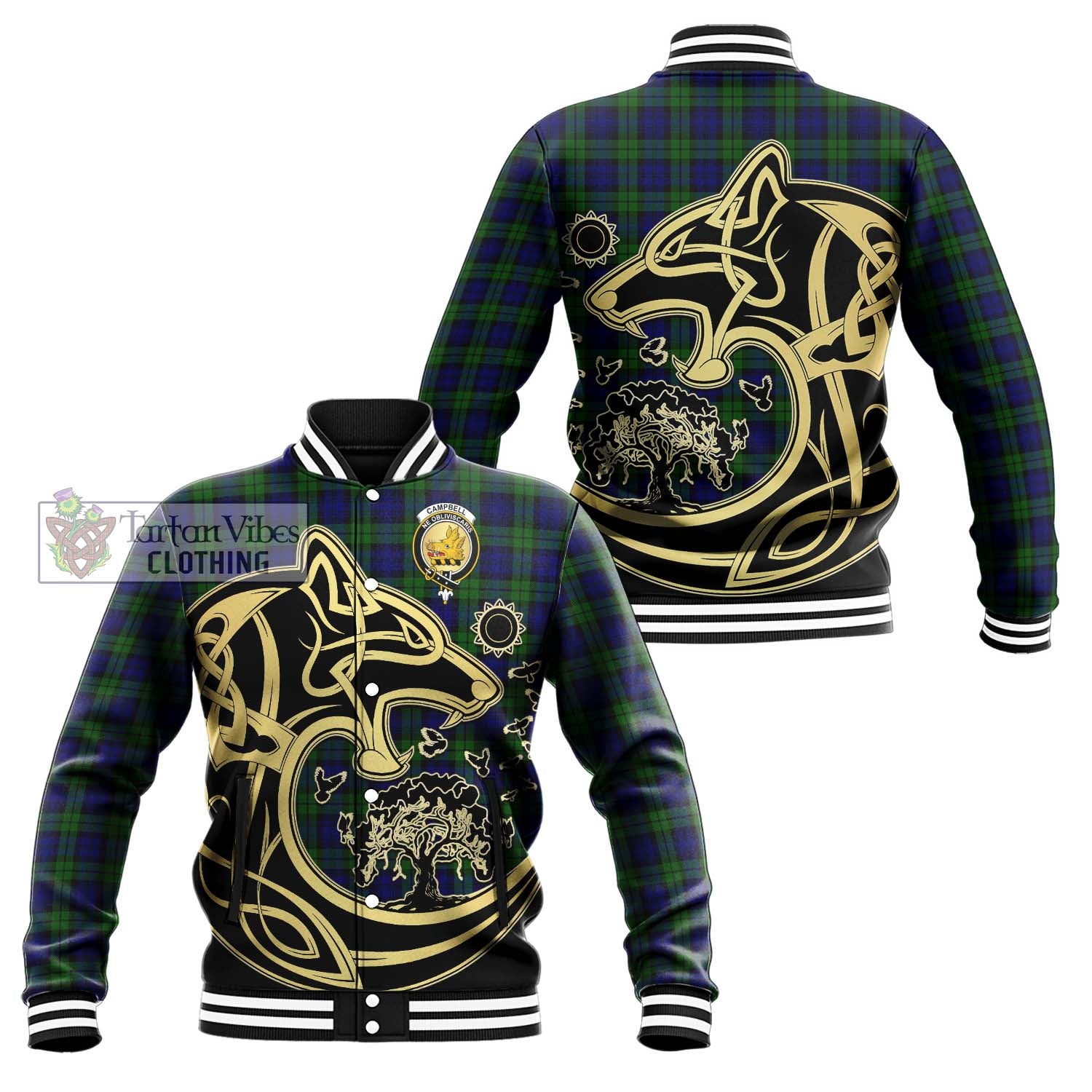 Campbell Tartan Baseball Jacket with Family Crest Celtic Wolf Style Unisex - Tartan Vibes Clothing