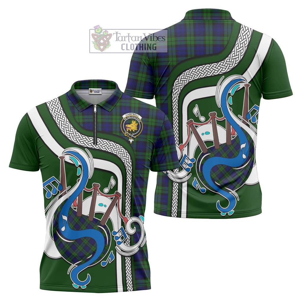 Campbell Tartan Zipper Polo Shirt with Epic Bagpipe Style Unisex - Tartanvibesclothing Shop