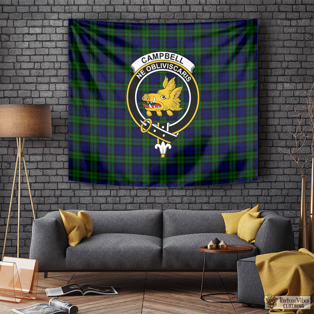 Tartan Vibes Clothing Campbell Modern Tartan Tapestry Wall Hanging and Home Decor for Room with Family Crest