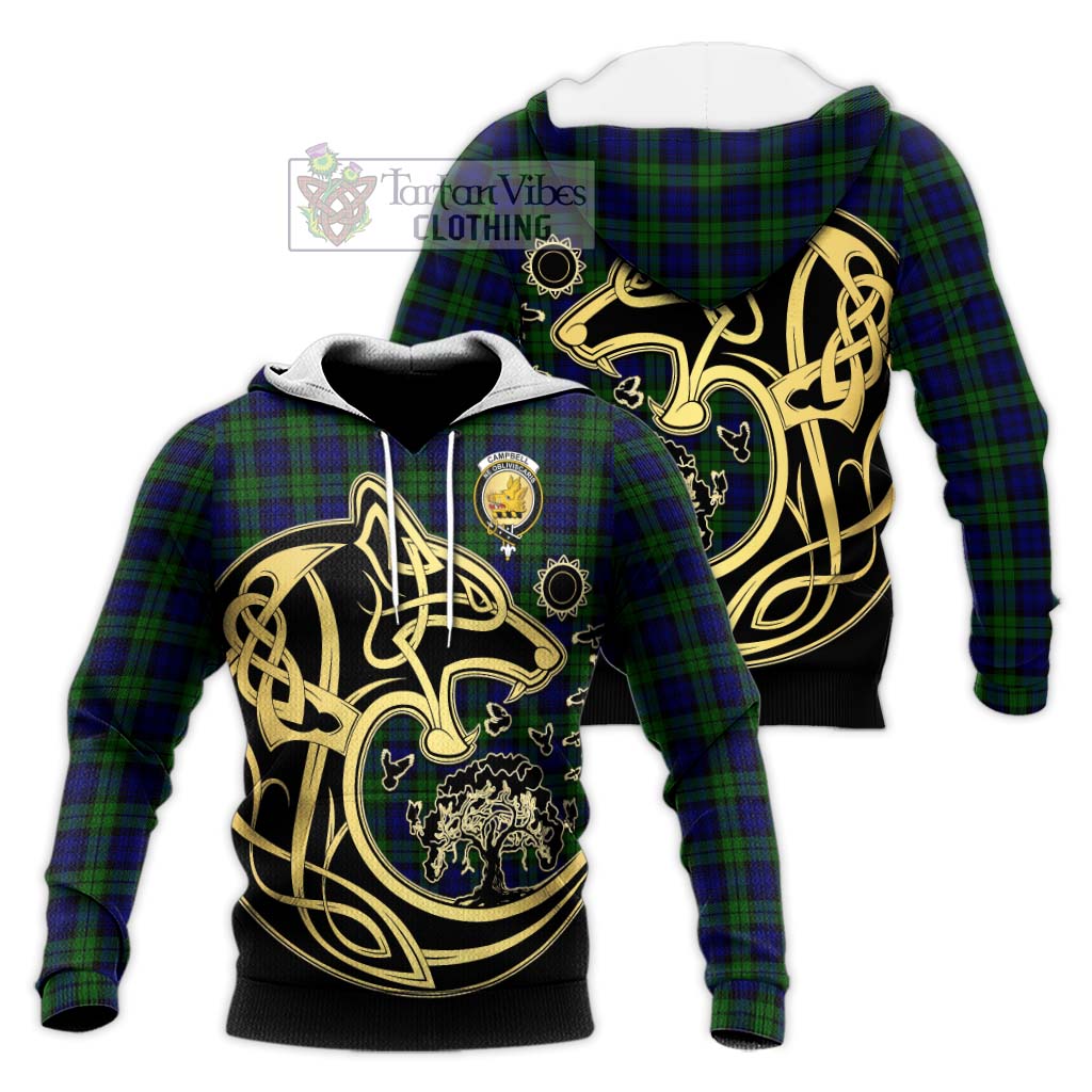 Campbell Tartan Knitted Hoodie with Family Crest Celtic Wolf Style Unisex Knitted Pullover Hoodie - Tartan Vibes Clothing