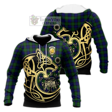 Campbell Tartan Knitted Hoodie with Family Crest Celtic Wolf Style