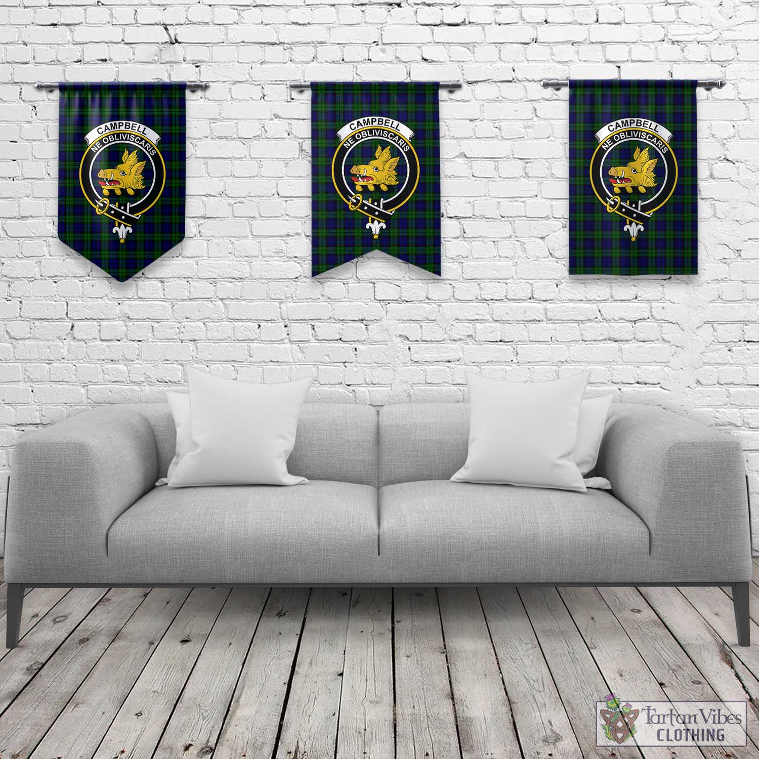 Tartan Vibes Clothing Campbell Modern Tartan Gonfalon, Tartan Banner with Family Crest