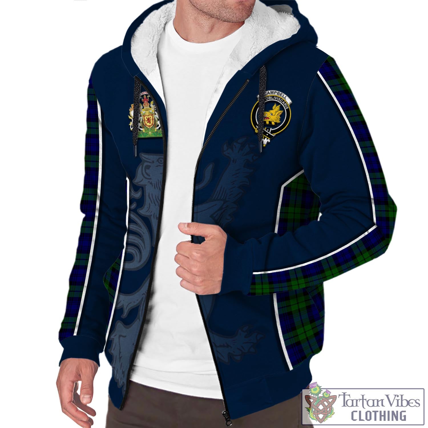 Tartan Vibes Clothing Campbell Modern Tartan Sherpa Hoodie with Family Crest and Lion Rampant Vibes Sport Style