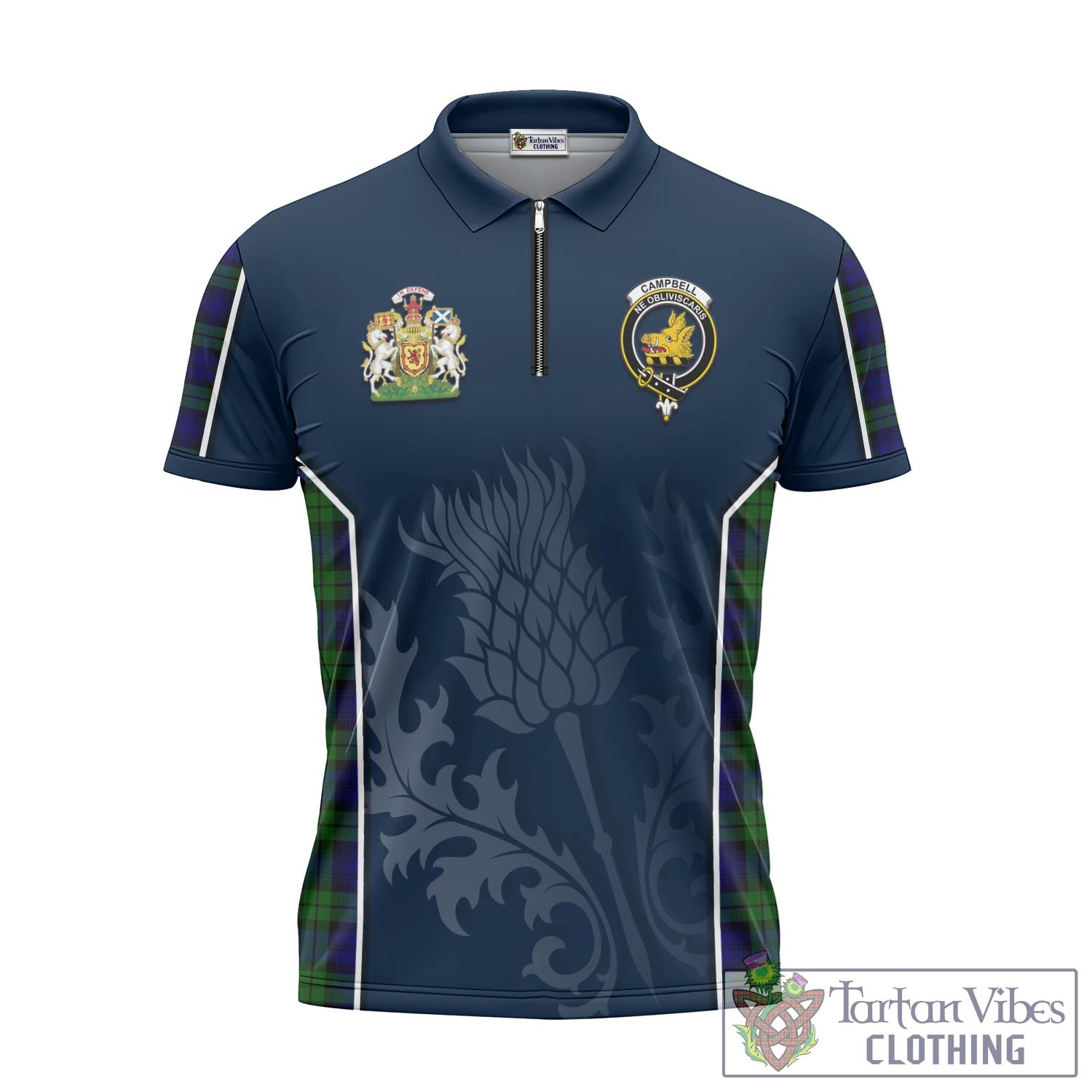 Tartan Vibes Clothing Campbell Modern Tartan Zipper Polo Shirt with Family Crest and Scottish Thistle Vibes Sport Style