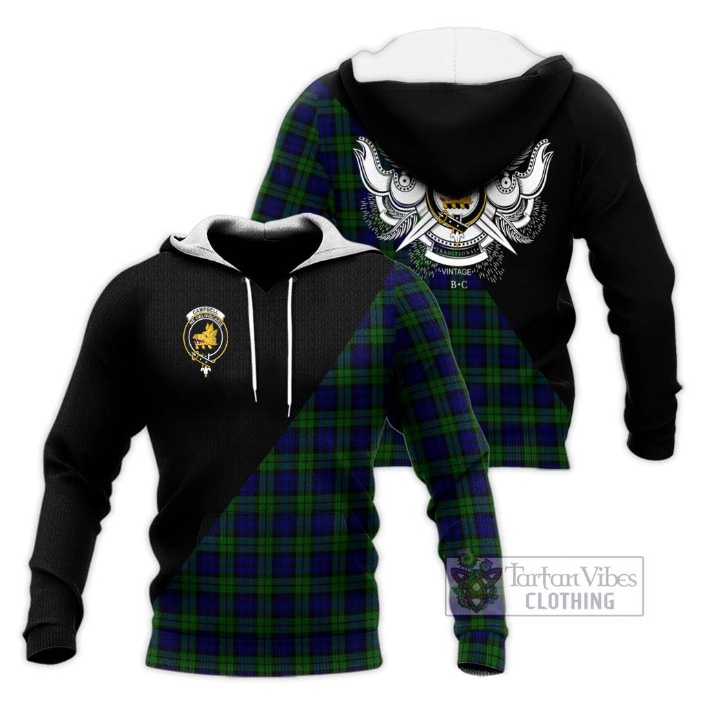 Campbell Tartan Knitted Hoodie with Family Crest and Military Logo Style Unisex Knitted Pullover Hoodie - Tartanvibesclothing Shop