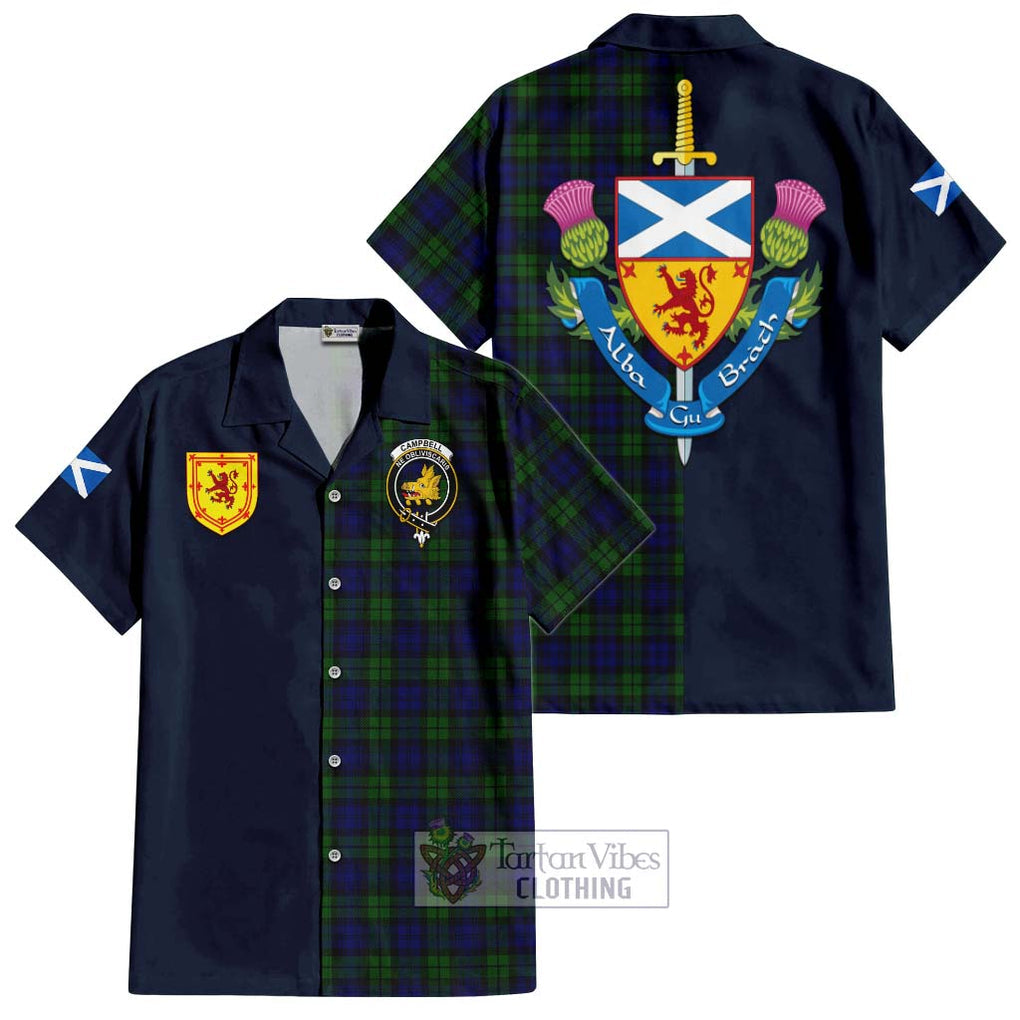 Tartan Vibes Clothing Campbell Modern Tartan Short Sleeve Button Shirt with Scottish Lion Royal Arm Half Style