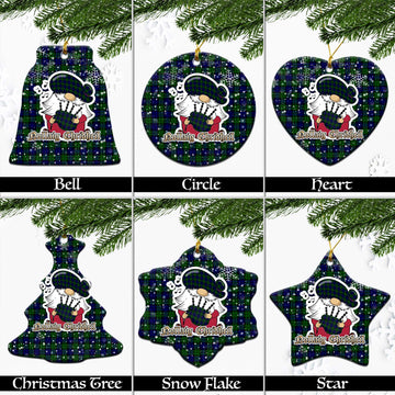 Campbell Tartan Christmas Ceramic Ornaments with Scottish Gnome Playing Bagpipes