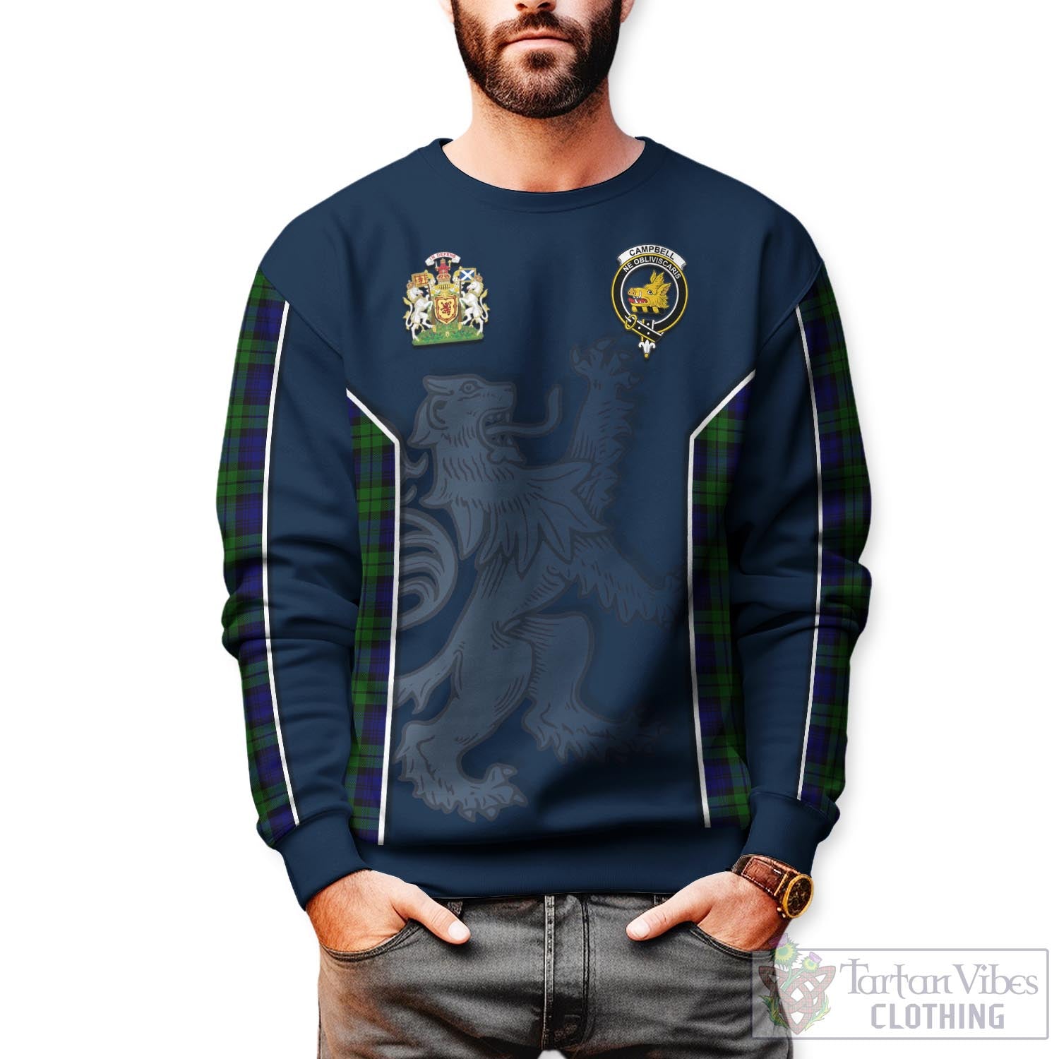 Tartan Vibes Clothing Campbell Modern Tartan Sweater with Family Crest and Lion Rampant Vibes Sport Style