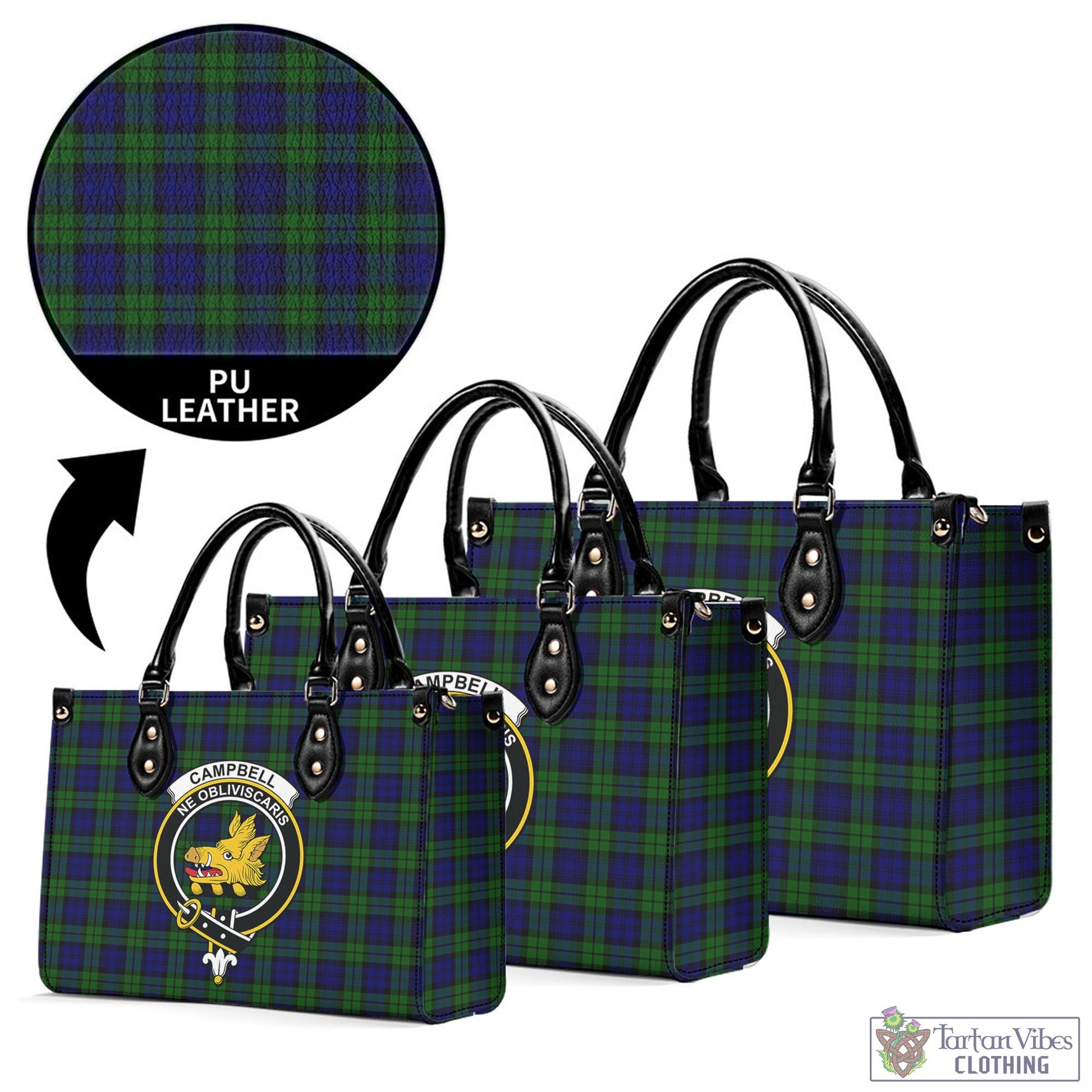 Tartan Vibes Clothing Campbell Modern Tartan Luxury Leather Handbags with Family Crest