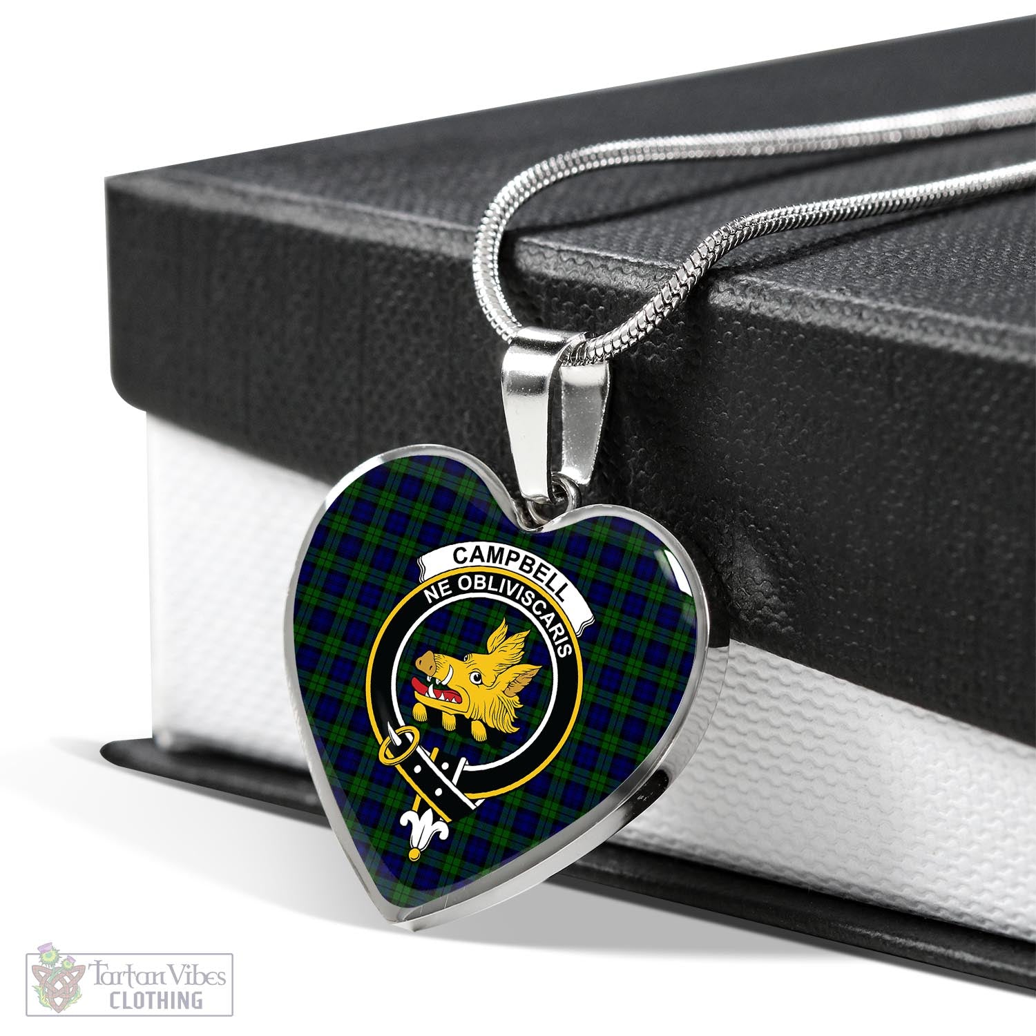 Tartan Vibes Clothing Campbell Modern Tartan Heart Necklace with Family Crest